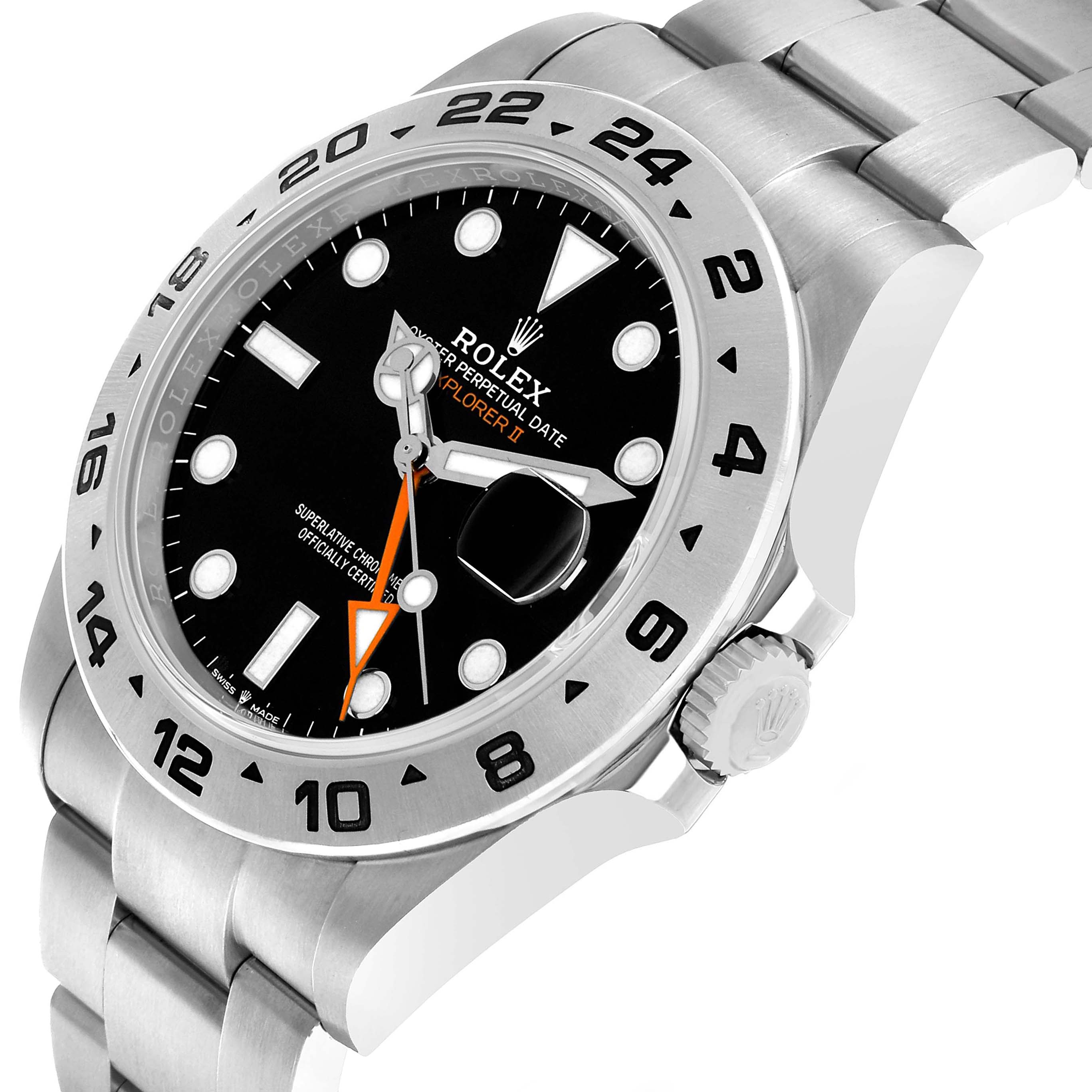The Rolex Explorer 226570 Men's Stainless Steel Black Dial watch is shown at an oblique angle, highlighting the bezel, face, crown, and bracelet.