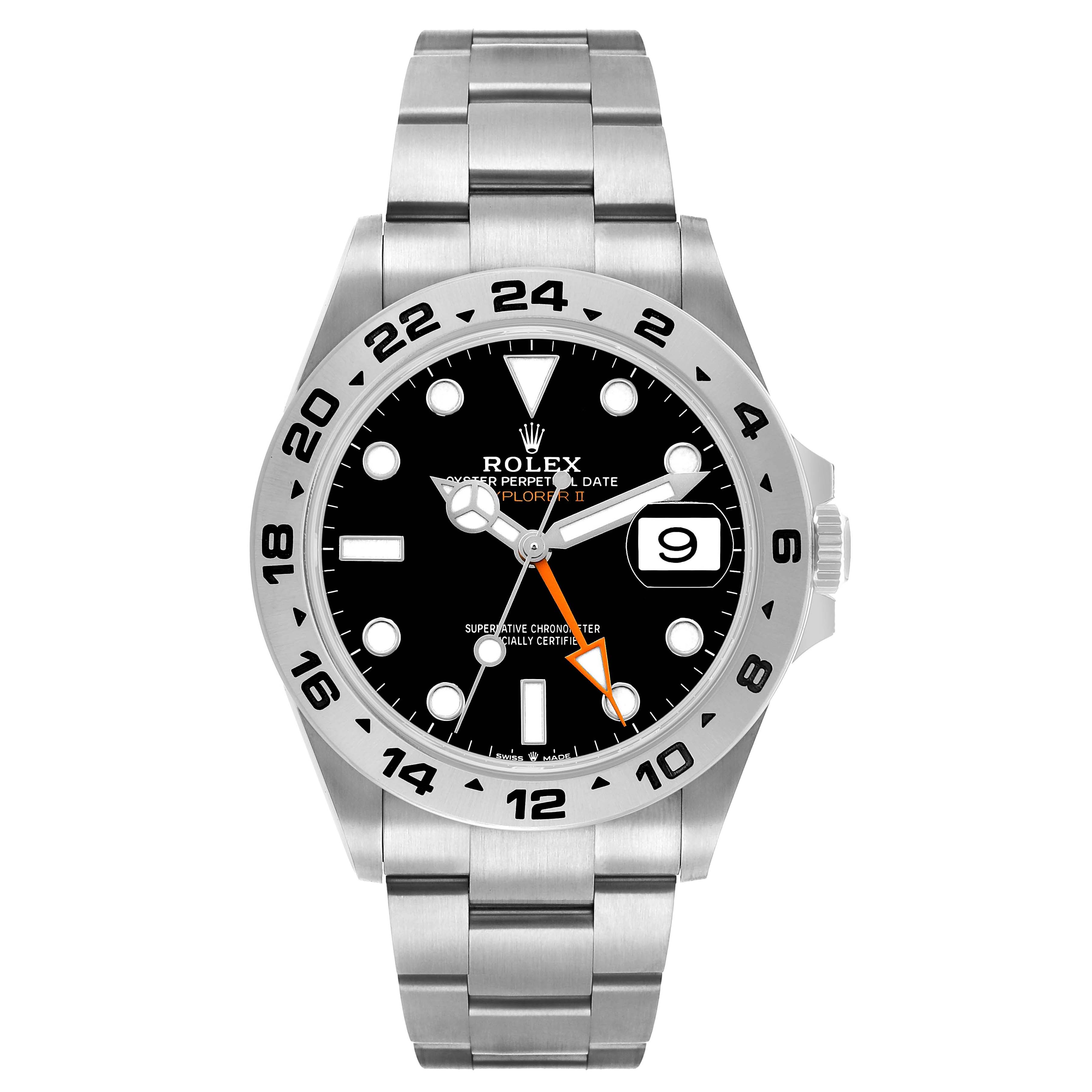 The image shows a front view of a Rolex Explorer 226570 Men's Stainless Steel Black Dial watch, highlighting the dial, bezel, case, and bracelet.