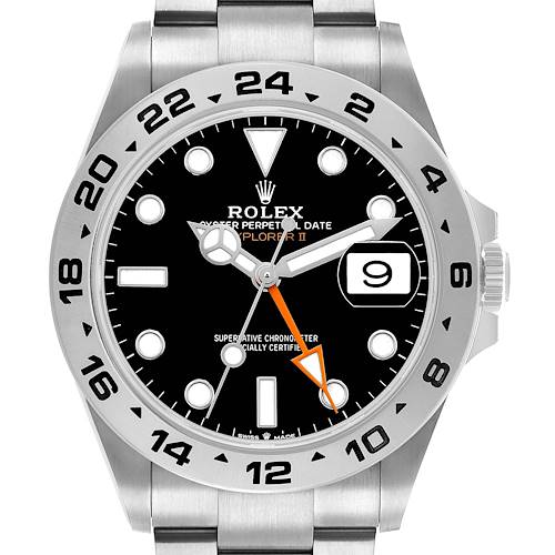 The Rolex Explorer 226570 Men's Stainless Steel Black Dial II watch is shown from a frontal angle, displaying its black dial, date window, and silver bezel.