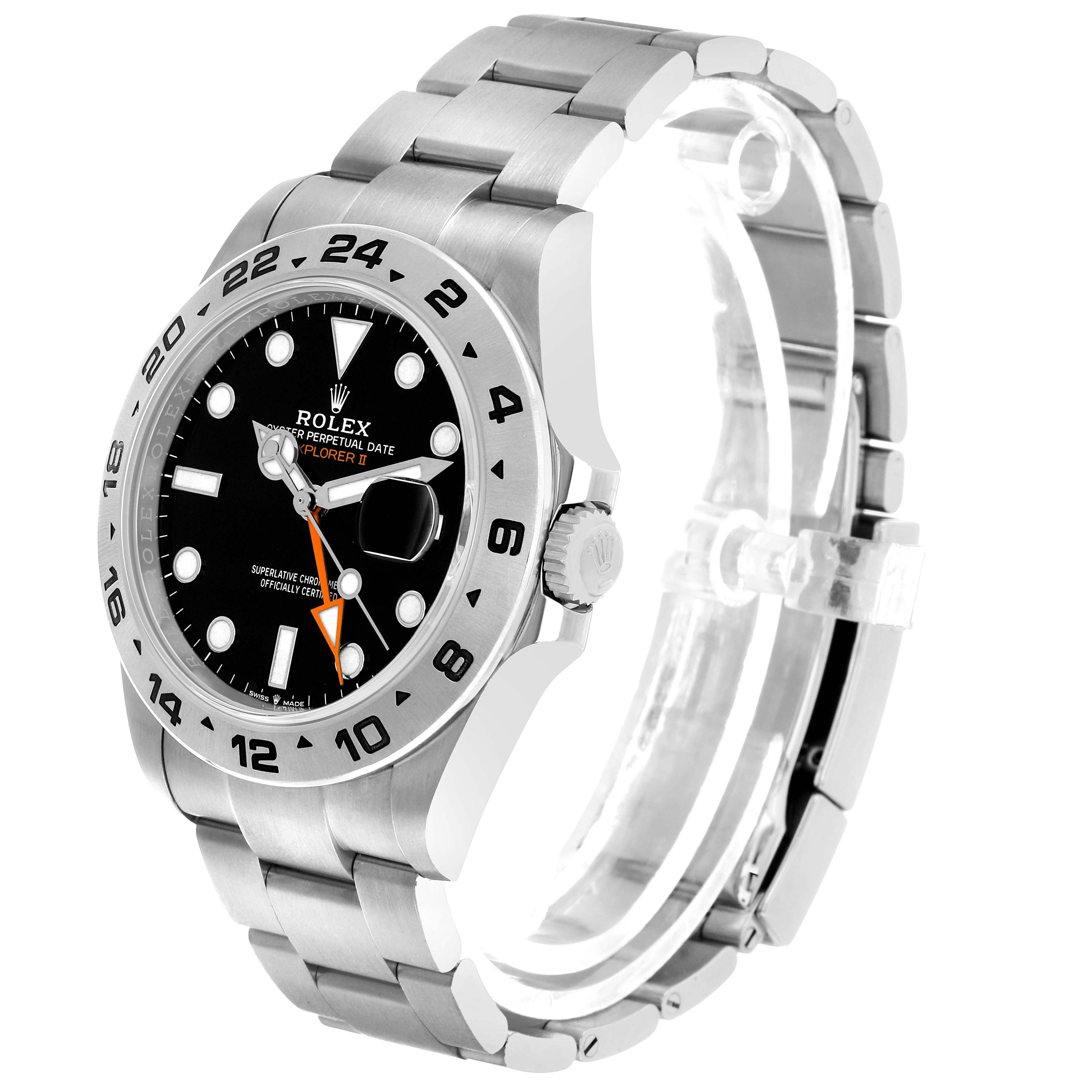 The Rolex Explorer 226570 Men's Stainless Steel Black Dial watch is shown at an angle displaying its face, bezel, crown, and partially open bracelet.