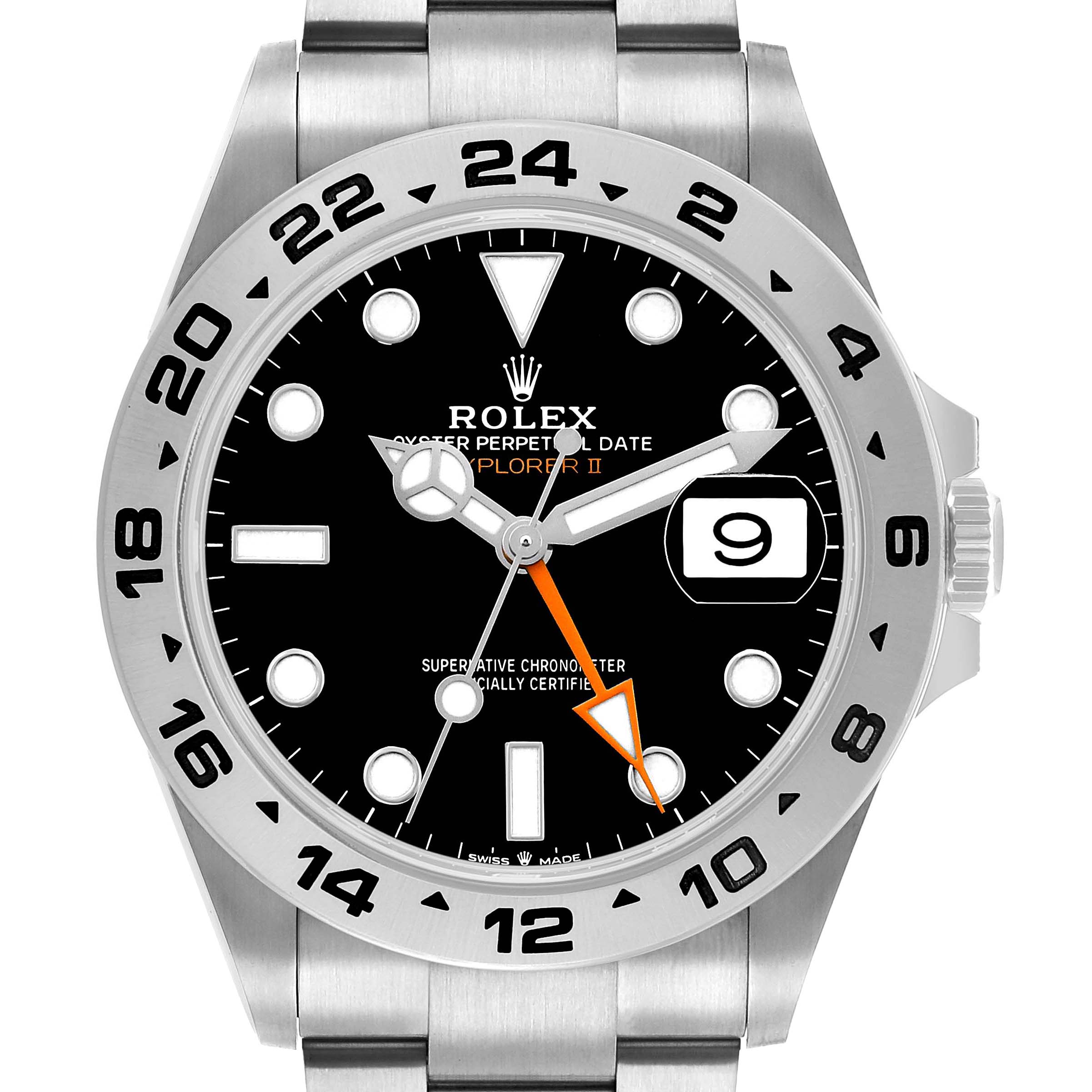 The Rolex Explorer 226570 Men's Stainless Steel Black Dial watch is shown from the front, displaying the bezel, dial, hour markers, hands, date window, and crown.