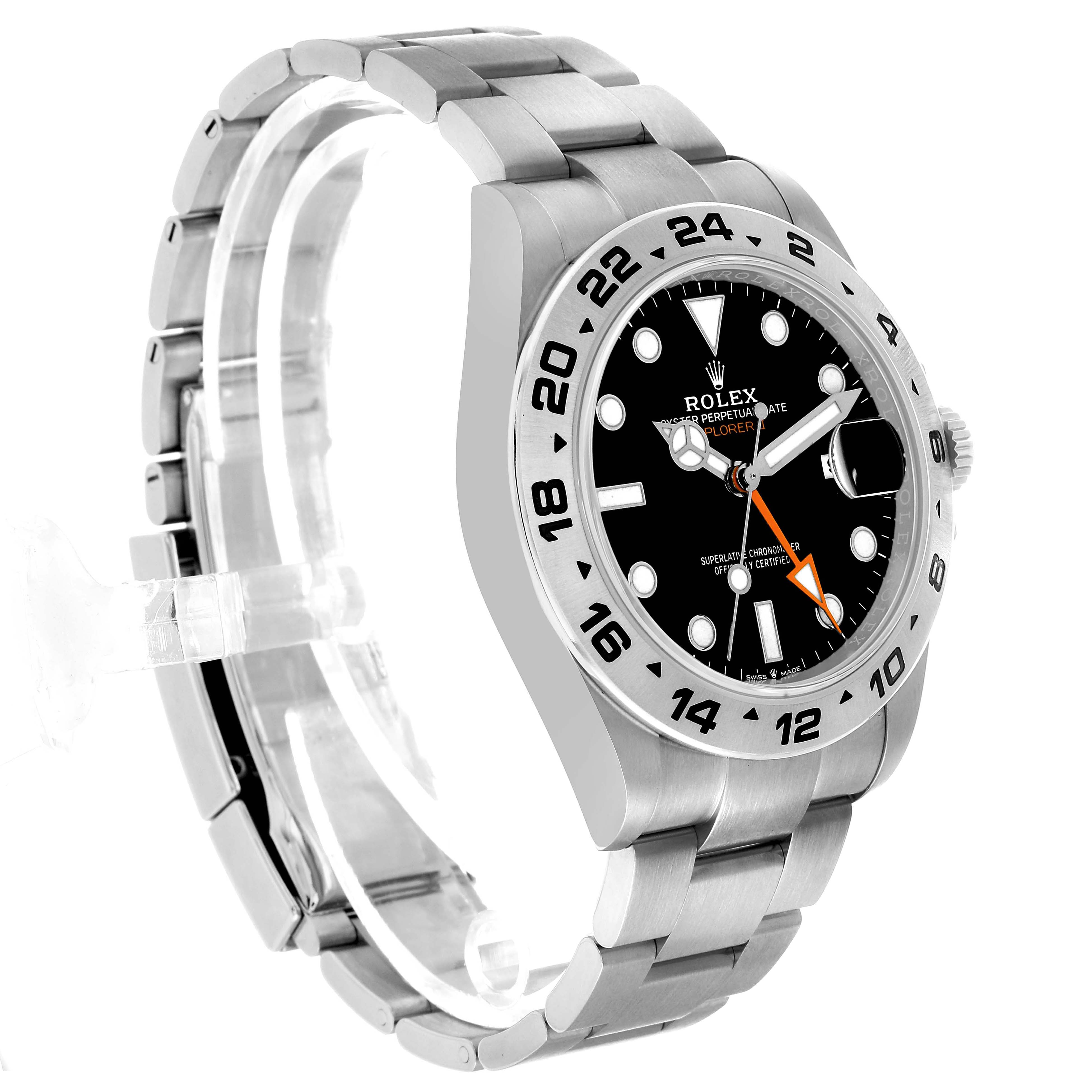 The Rolex Explorer 226570 Men's Stainless Steel Black Dial watch is shown at a side angle, highlighting the bracelet, bezel, and dial.