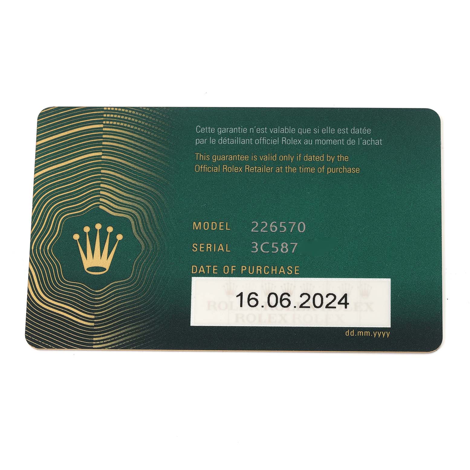 The image shows a warranty card for a Rolex Explorer 226570-0002 Men's Stainless Steel Black Dial 226570-0002 Men's Stainless Steel Black Dial, model 226570, with purchase details.