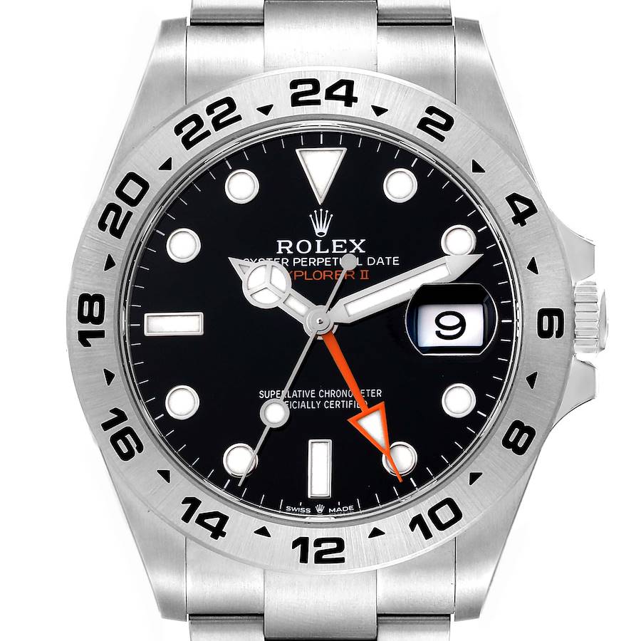 The Rolex Explorer model is shown from a front angle, highlighting the bezel, dial, hands, and the date feature.