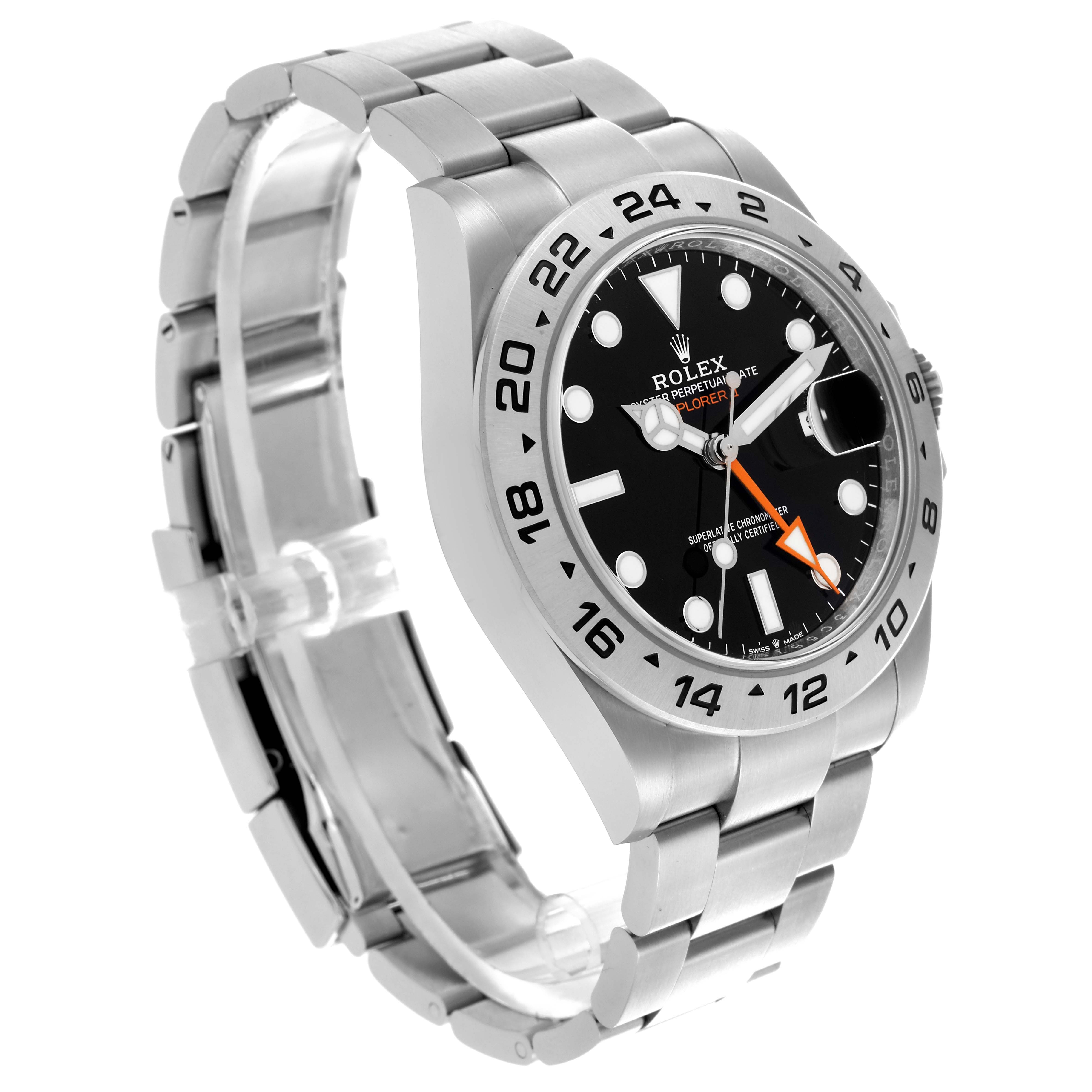 The Rolex Explorer 226570-0002 Men's Stainless Steel Black Dial 226570-0002 Men's Stainless Steel Black Dial watch is shown at a three-quarter angle, highlighting the bezel, dial, and bracelet.