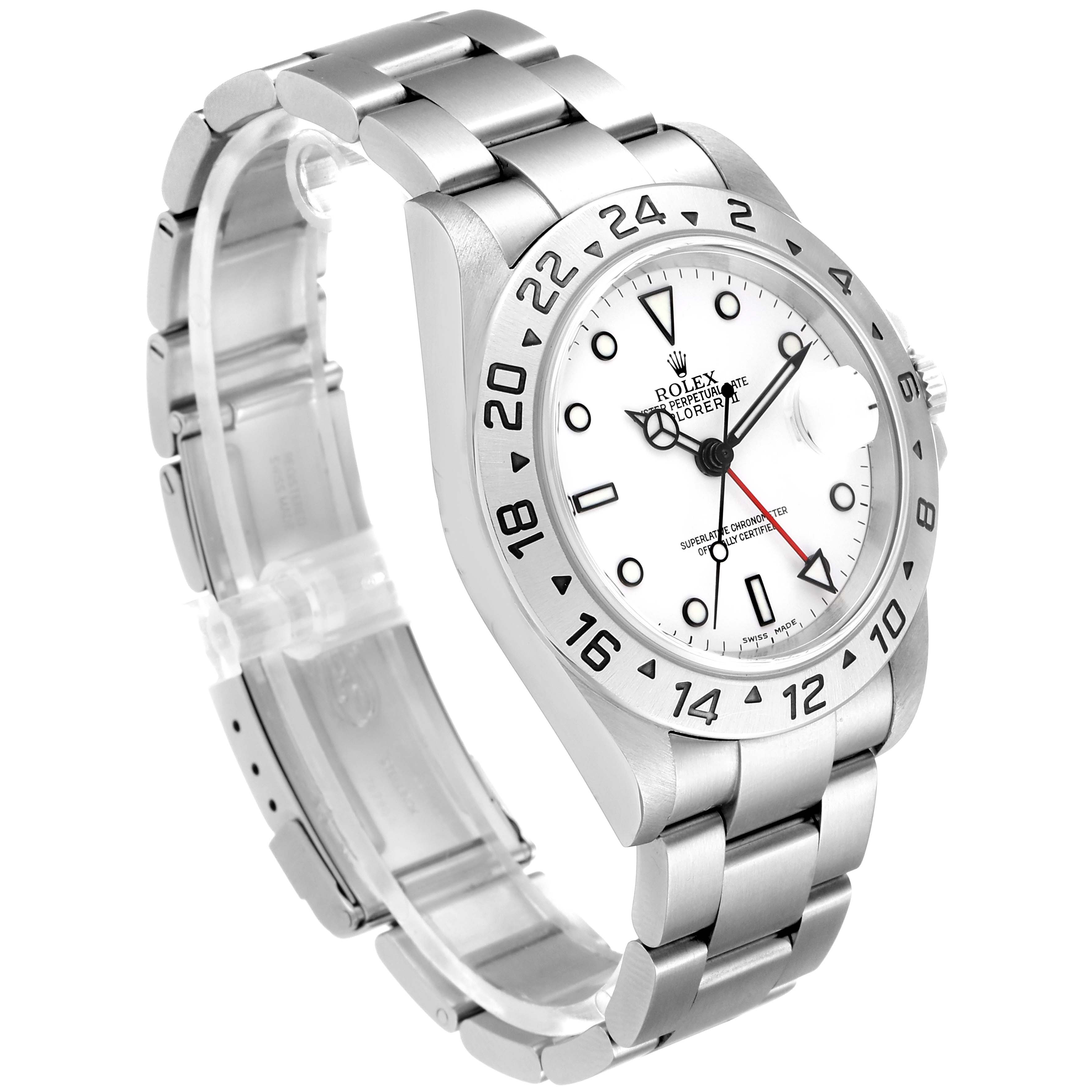 The image shows a Rolex Explorer 16570 Men
s Stainless Steel White Dial 16570 Men
s Stainless Steel White Dial watch angled from the top left, displaying the face, bezel, bracelet, and clasp.