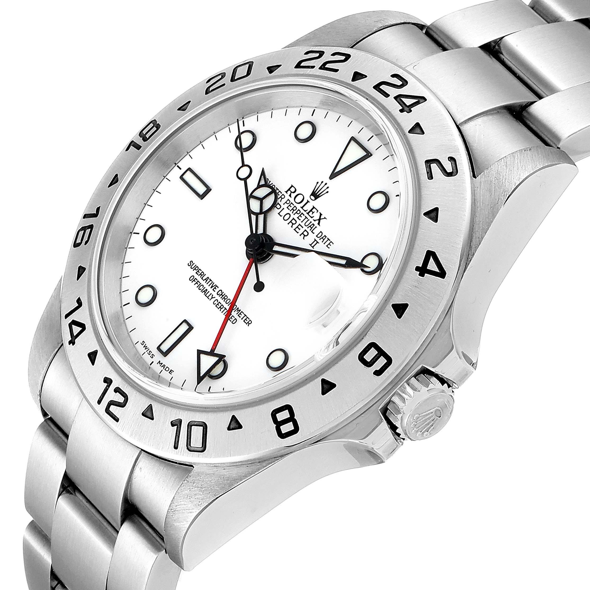 The image shows a Rolex Explorer 16570 Men
s Stainless Steel White Dial 16570 Men
s Stainless Steel White Dial watch at an angled view, highlighting the face, bezel, crown, and part of the bracelet.