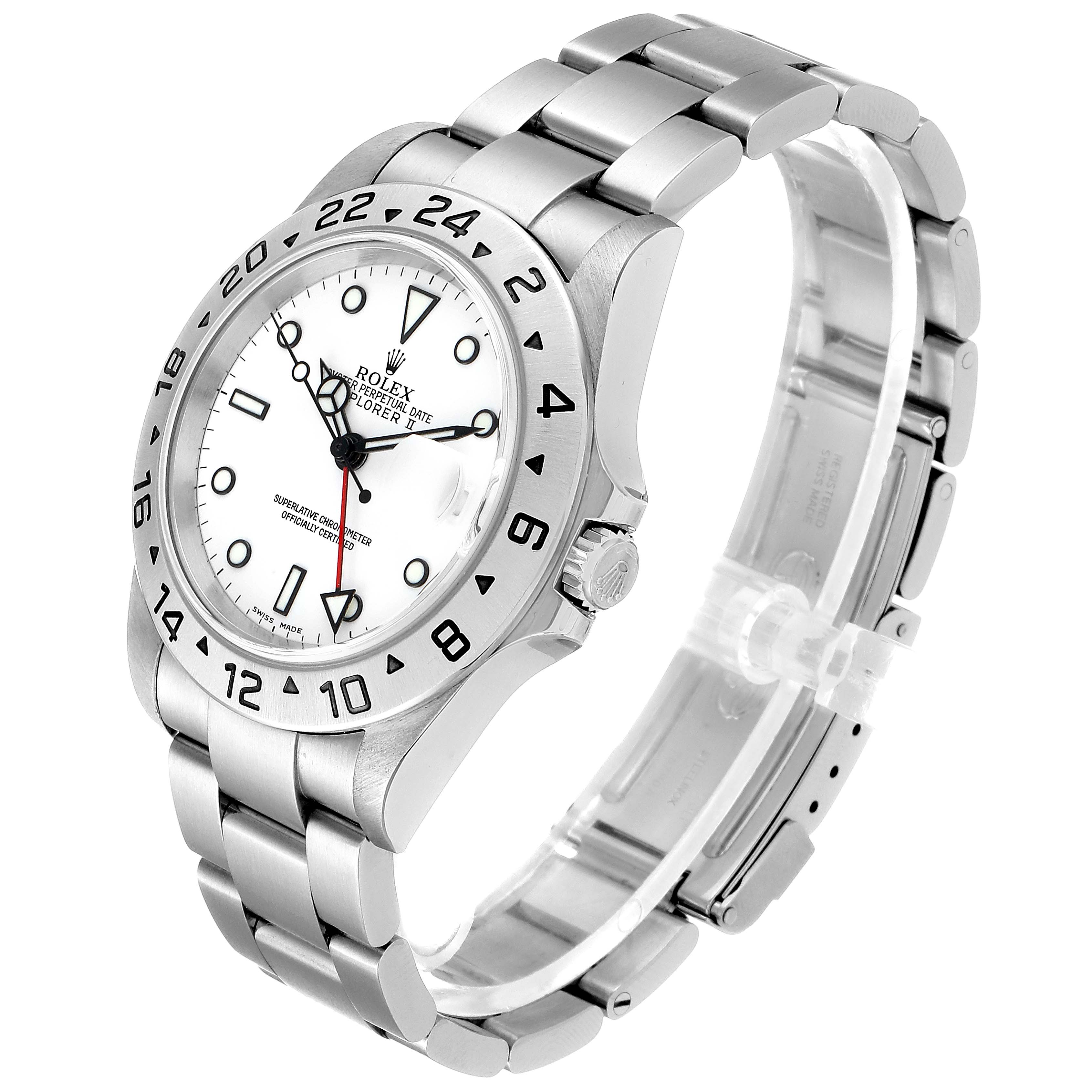 The Rolex Explorer 16570 Men
s Stainless Steel White Dial 16570 Men
s Stainless Steel White Dial watch is shown at a three-quarter angle, highlighting its bezel, dial, crown, and bracelet.
