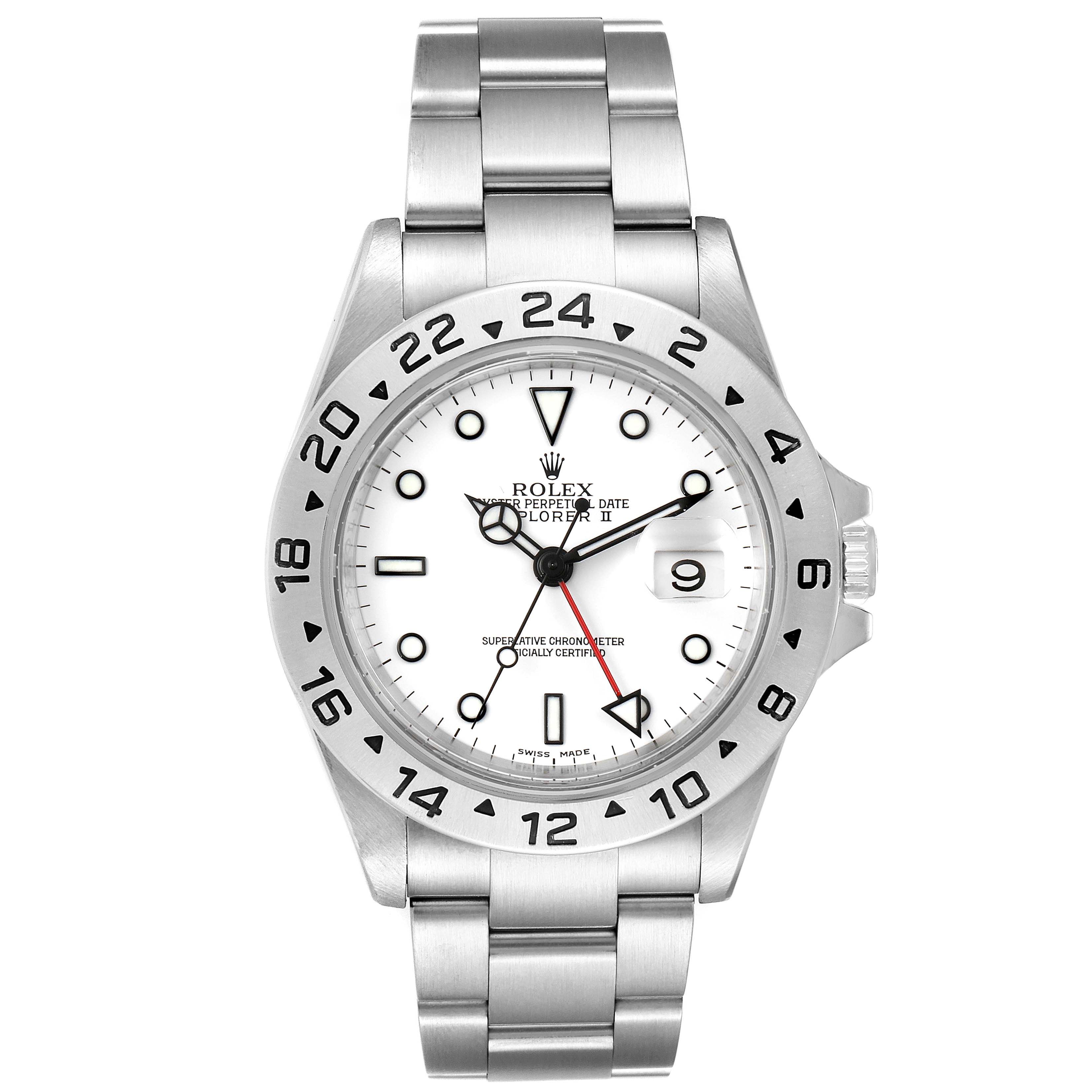 This image shows a front view of a Rolex Explorer 16570 Men
s Stainless Steel White Dial 16570 Men
s Stainless Steel White Dial watch, featuring a stainless steel bracelet and white dial.