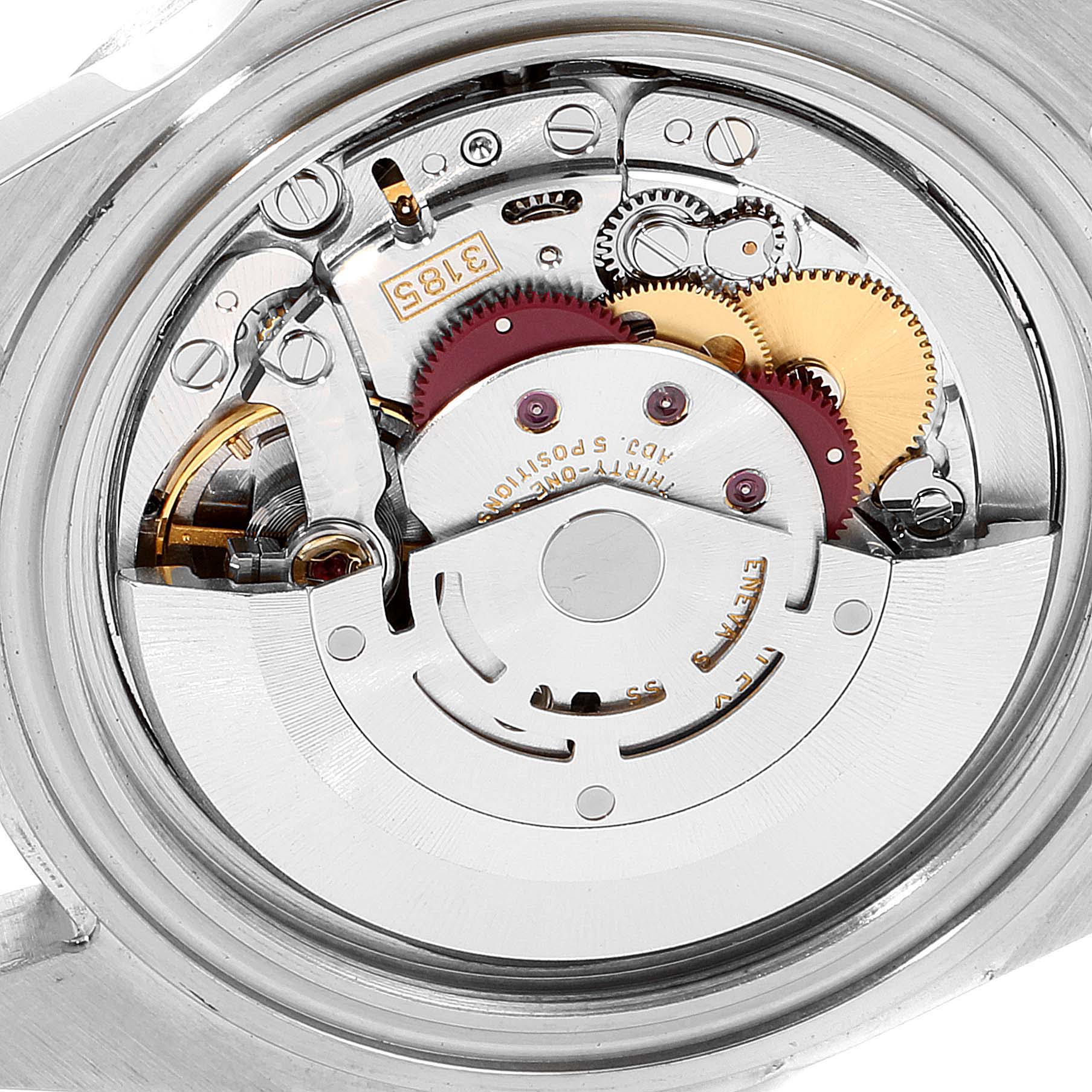 This image shows a close-up, rear view of the internal mechanical movement of a Rolex Explorer 16570 Men
s Stainless Steel White Dial 16570 Men
s Stainless Steel White Dial watch.