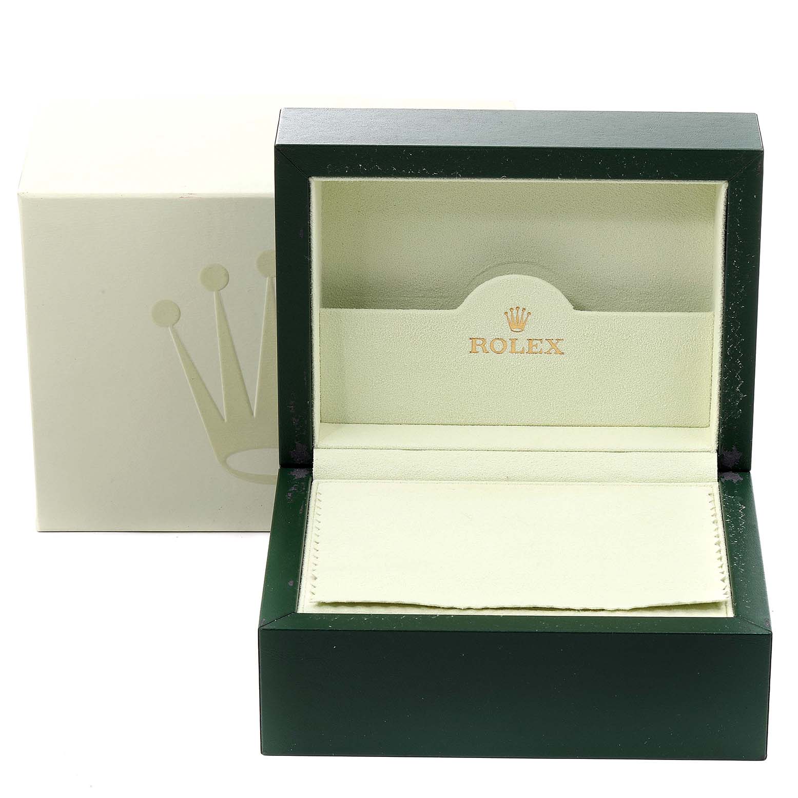 This image shows an open green and cream Rolex watch box, likely for an Explorer model, with the outer packaging in the background.