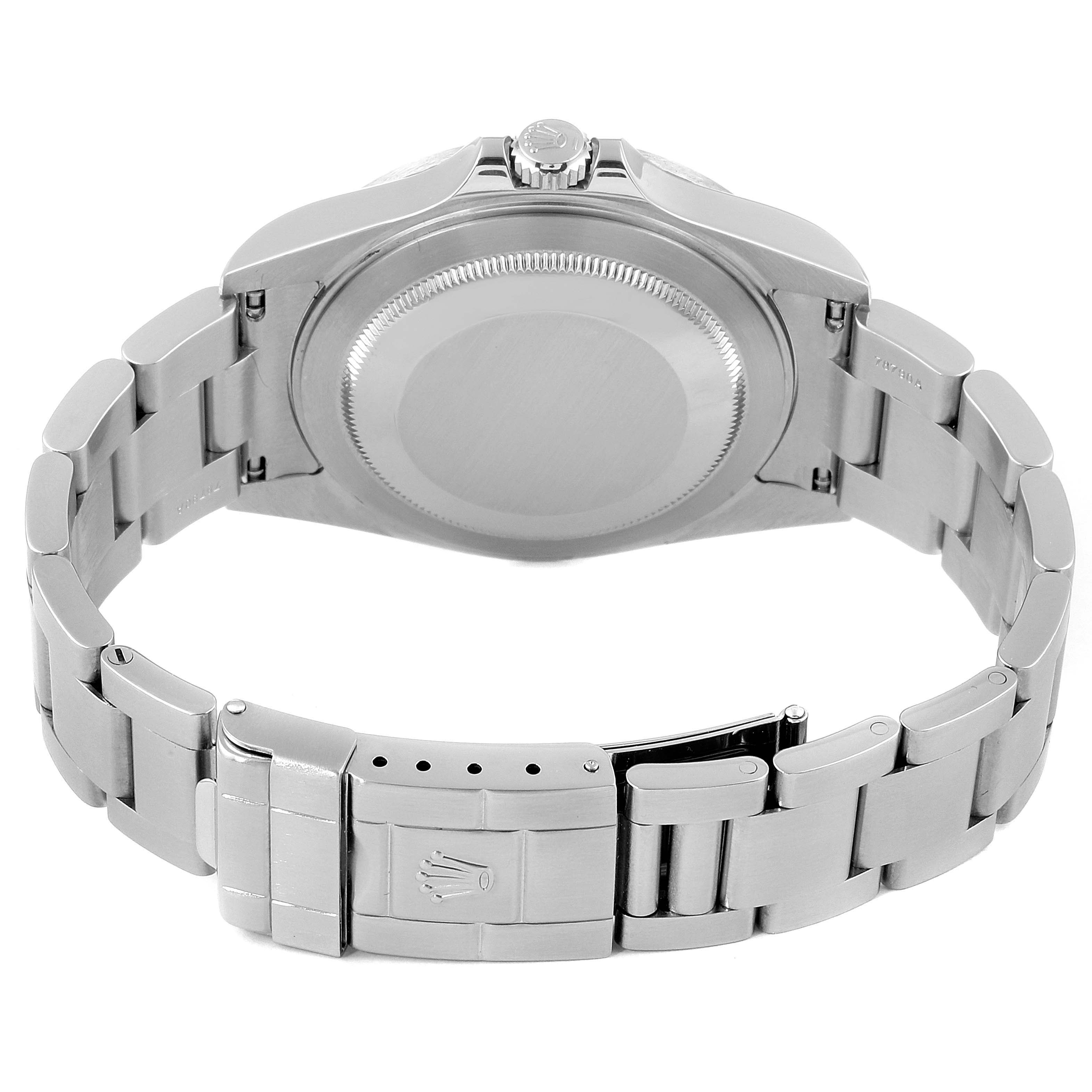This image shows the back case, bracelet, and clasp of the Rolex Explorer 16570 Men
s Stainless Steel White Dial 16570 Men
s Stainless Steel White Dial watch from a rear angle.