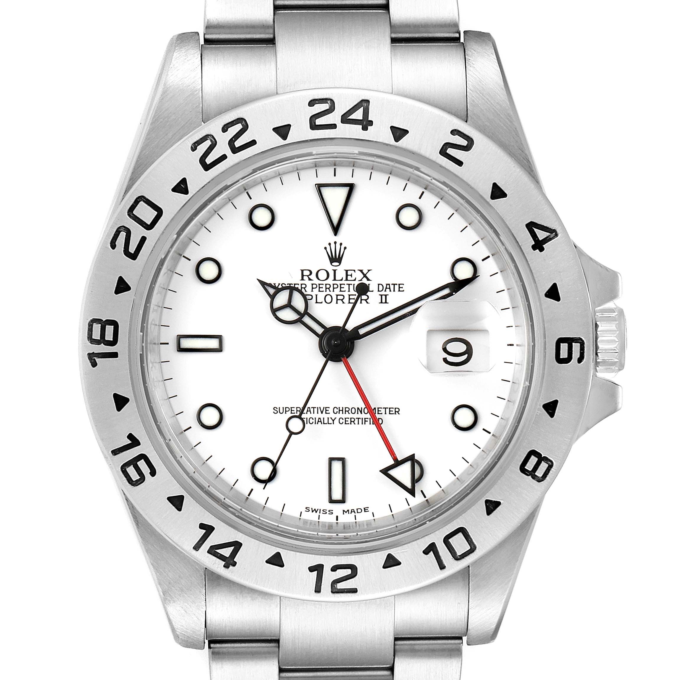 This image shows a front view of the Rolex Explorer 16570 Men
s Stainless Steel White Dial 16570 Men
s Stainless Steel White Dial watch, highlighting its dial, bezel, hands, and bracelet.