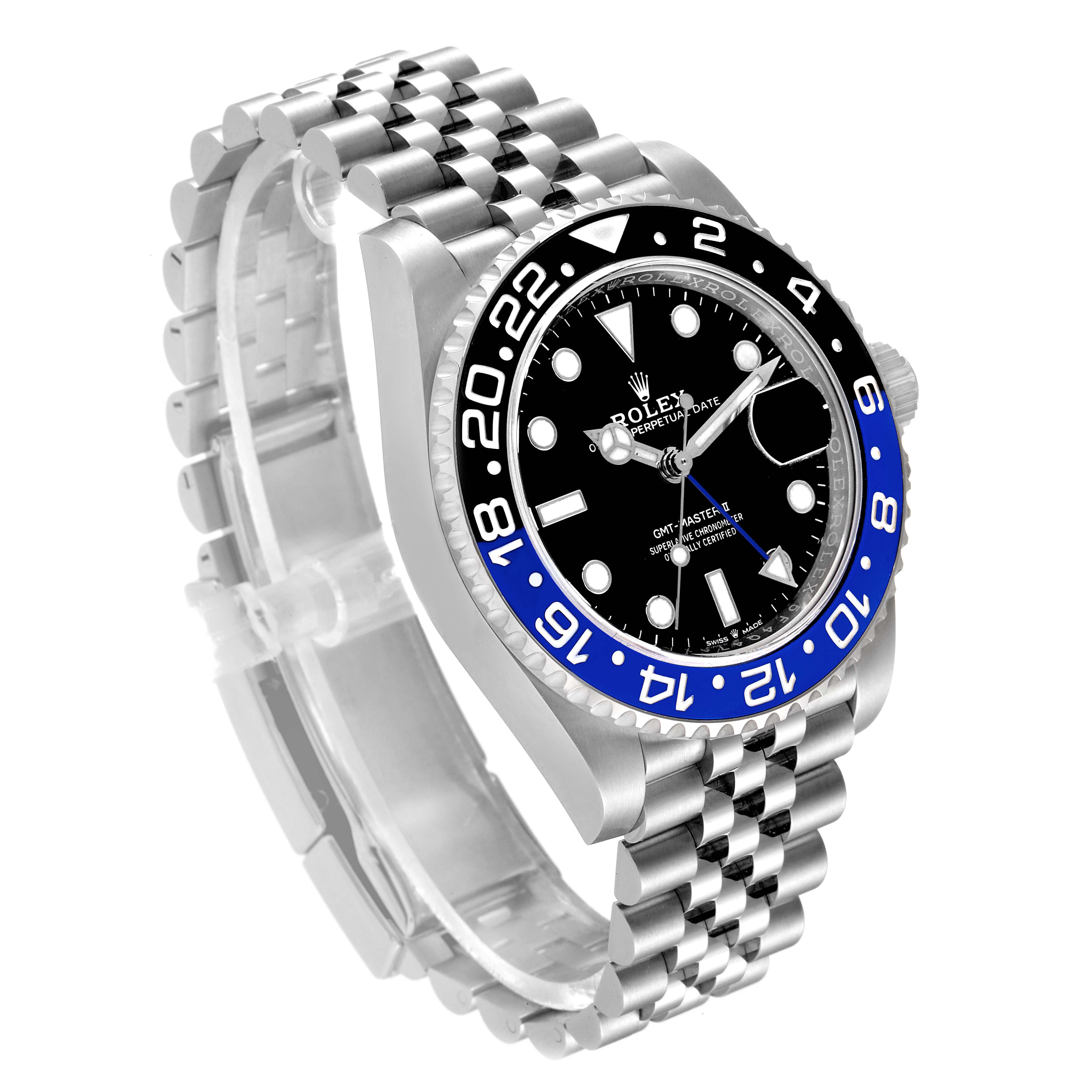 The image shows a Rolex GMT-Master 126710 Men
s Stainless Steel Black Dial 126710 Men
s Stainless Steel Black Dial watch from a diagonal angle, highlighting its bezel, dial, and jubilee bracelet.