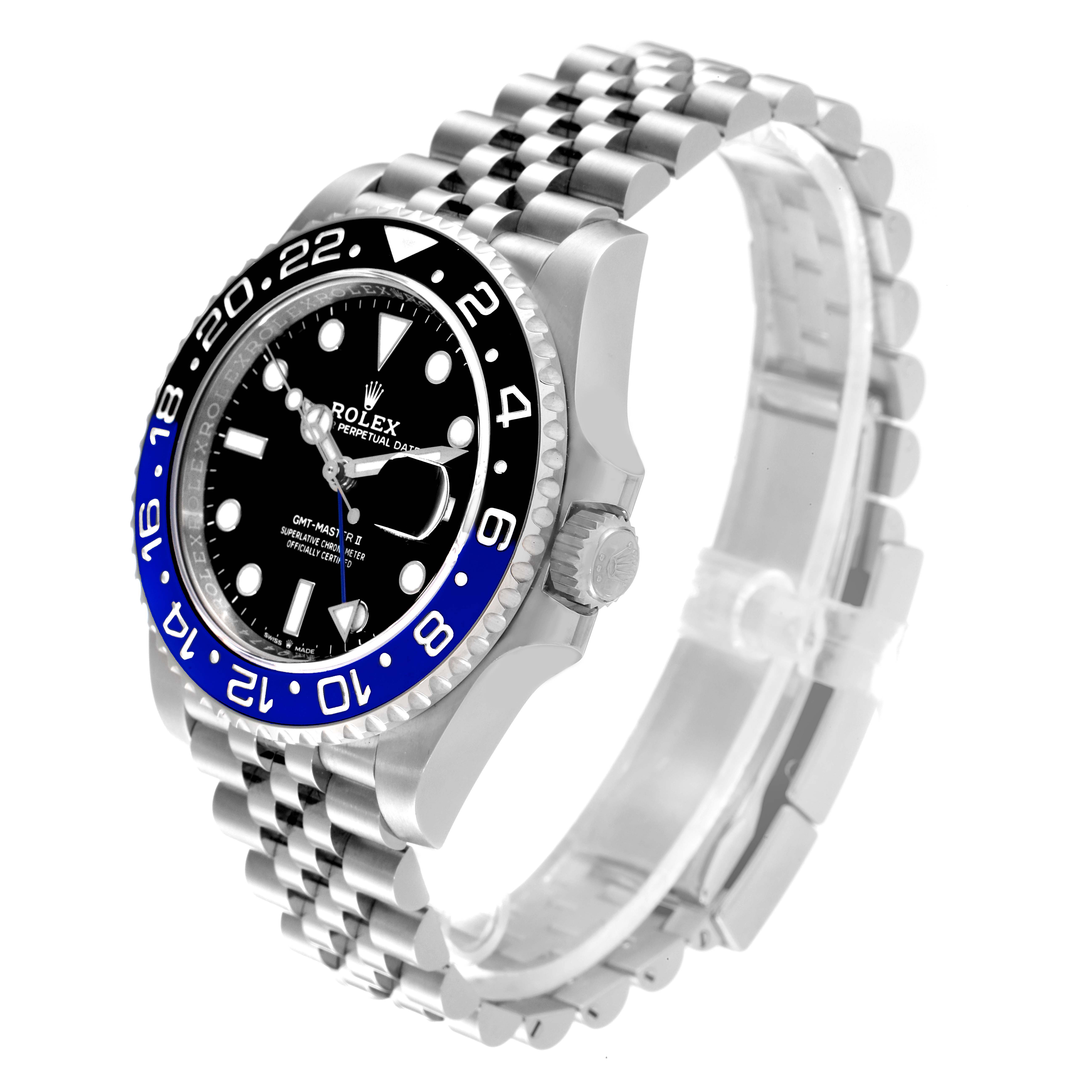 The Rolex GMT-Master 126710 Men
s Stainless Steel Black Dial 126710 Men
s Stainless Steel Black Dial watch is shown at an angle highlighting the dial, bezel, crown, and bracelet.