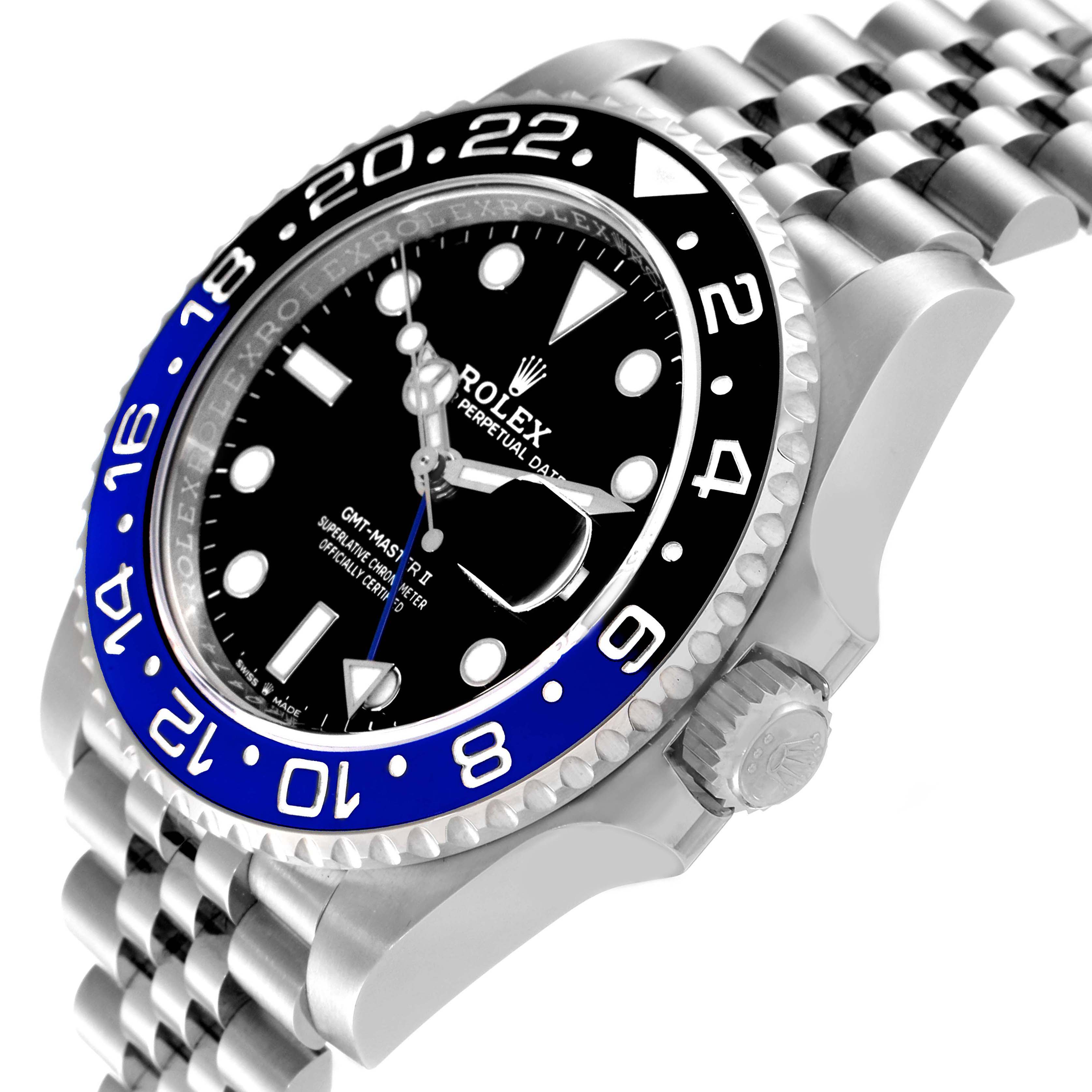 The image shows a close-up, angled view of the face, bezel, and bracelet of a Rolex GMT-Master 126710 Men
s Stainless Steel Black Dial 126710 Men
s Stainless Steel Black Dial II watch.