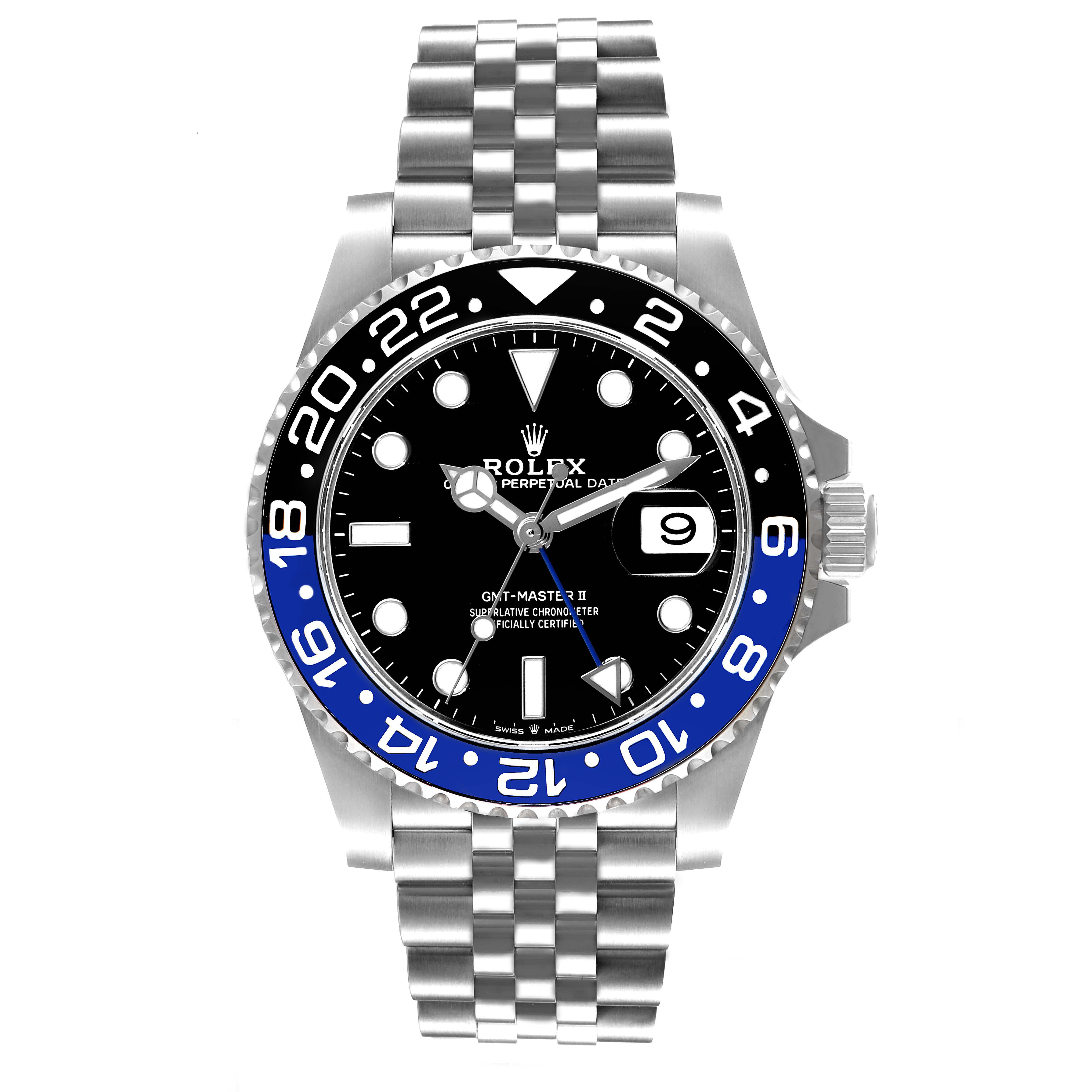 The image shows a front view of the Rolex GMT-Master 126710 Men
s Stainless Steel Black Dial 126710 Men
s Stainless Steel Black Dial II watch, featuring a two-tone blue and black bezel.