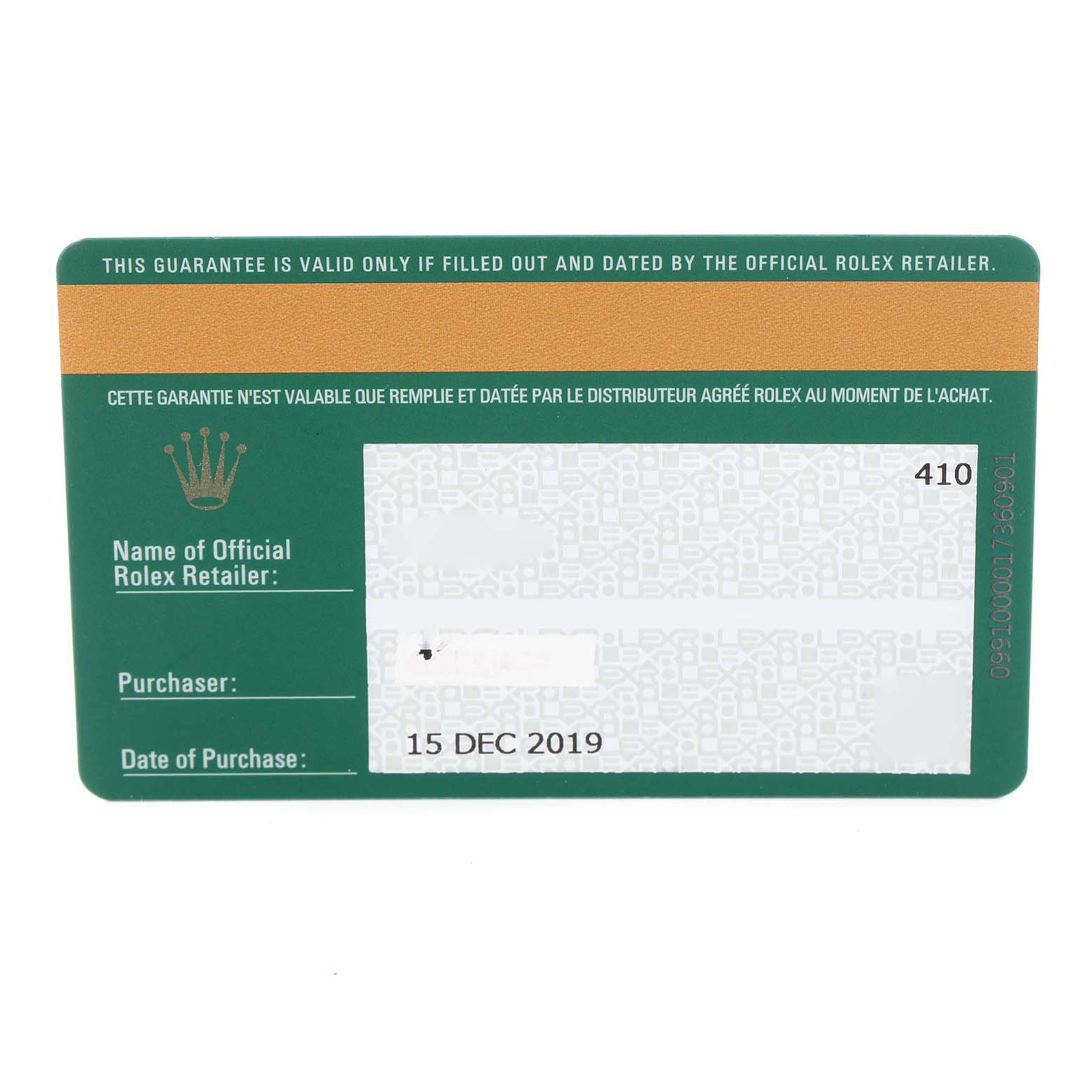 The image shows a warranty card for a Rolex GMT-Master 126710 Men
s Stainless Steel Black Dial 126710 Men
s Stainless Steel Black Dial watch, displaying the purchase date and retailer information.