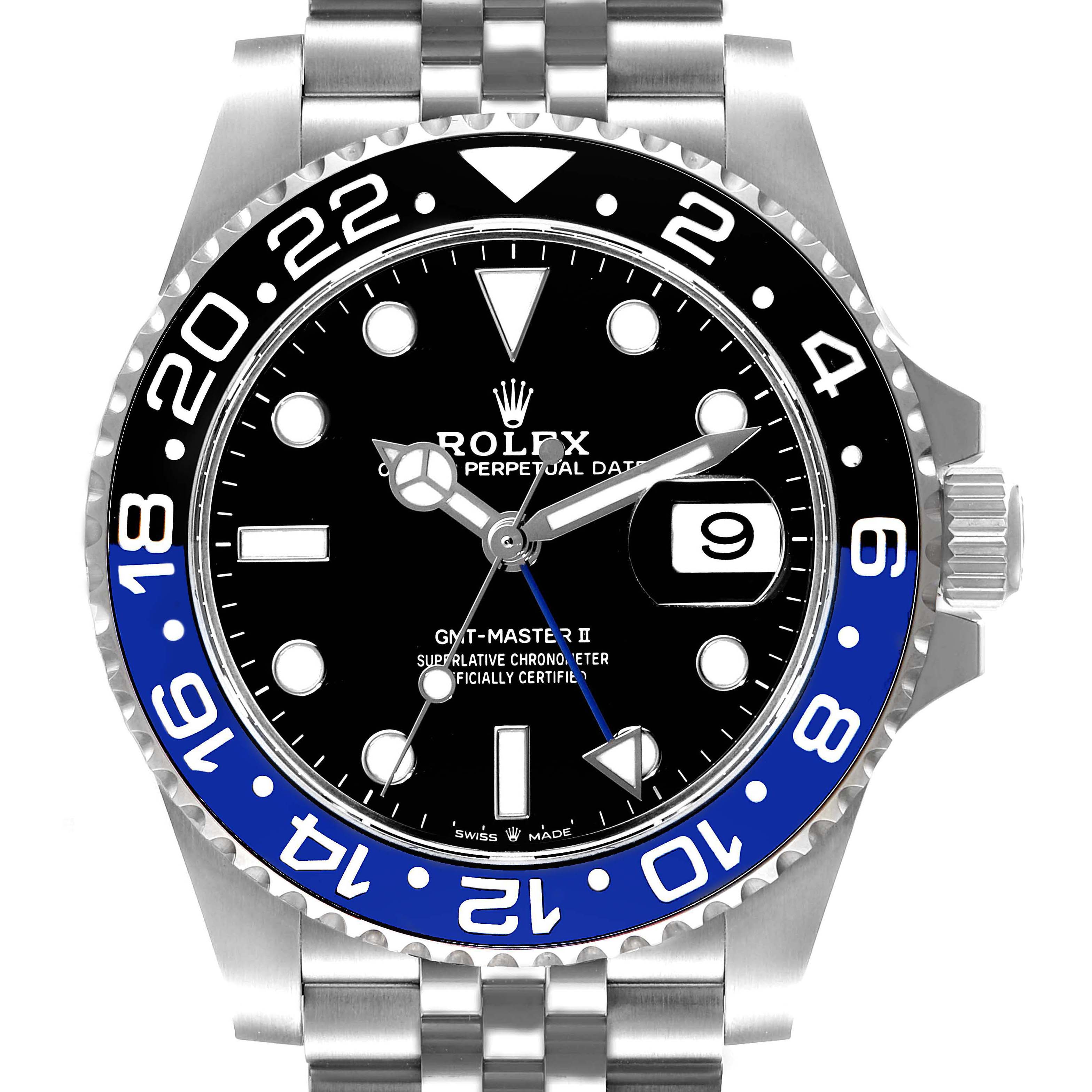 The image showcases the front view of a Rolex GMT-Master 126710 Men
s Stainless Steel Black Dial 126710 Men
s Stainless Steel Black Dial II watch, highlighting its face, bezel, and partially the bracelet.