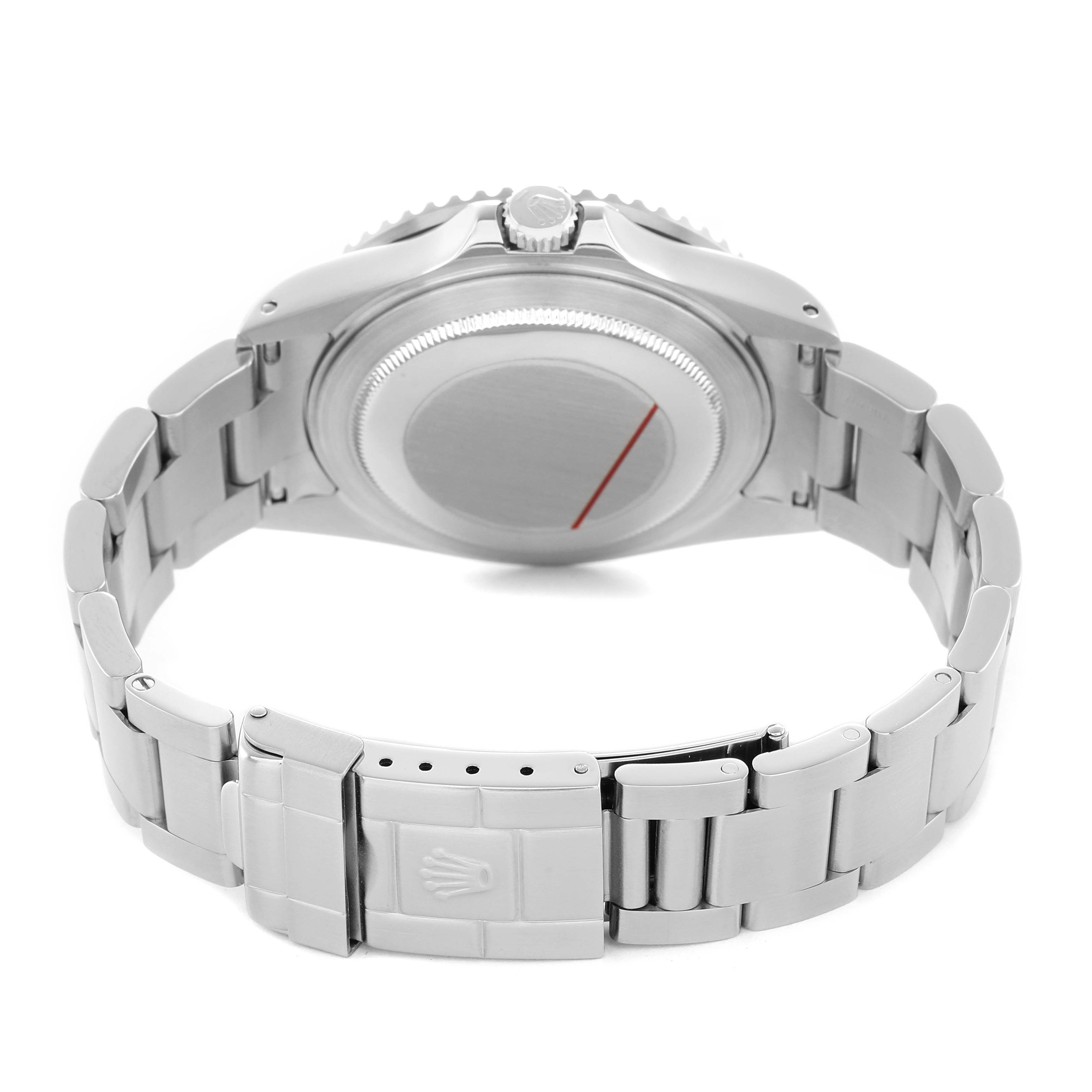 The image shows the back view of a Rolex GMT-Master 16710 Men's Stainless Steel Black Dial watch, highlighting the case back, bracelet, and clasp.