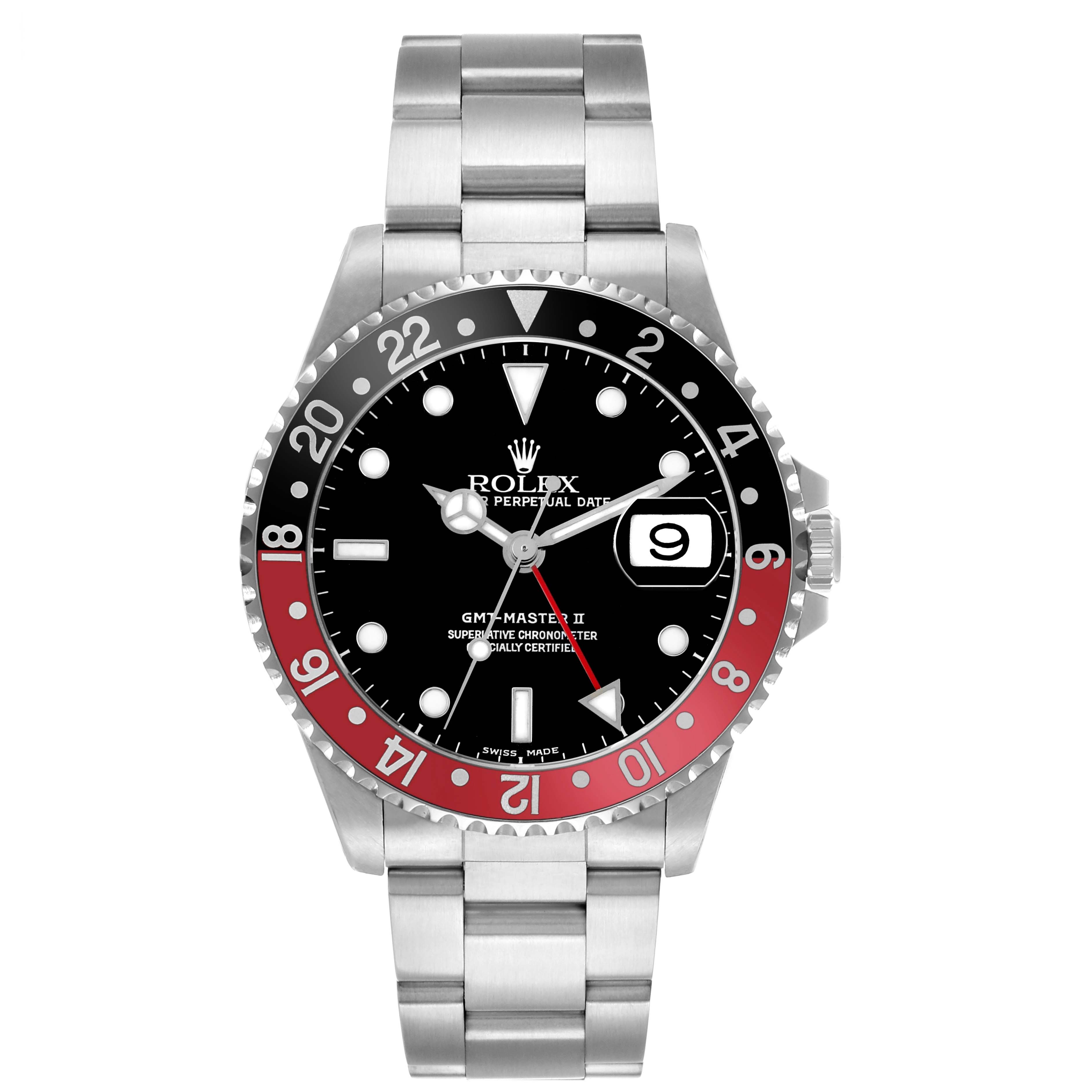 The Rolex GMT-Master 16710 Men's Stainless Steel Black Dial watch is shown from the front, displaying the bezel, face, crown, and steel bracelet.