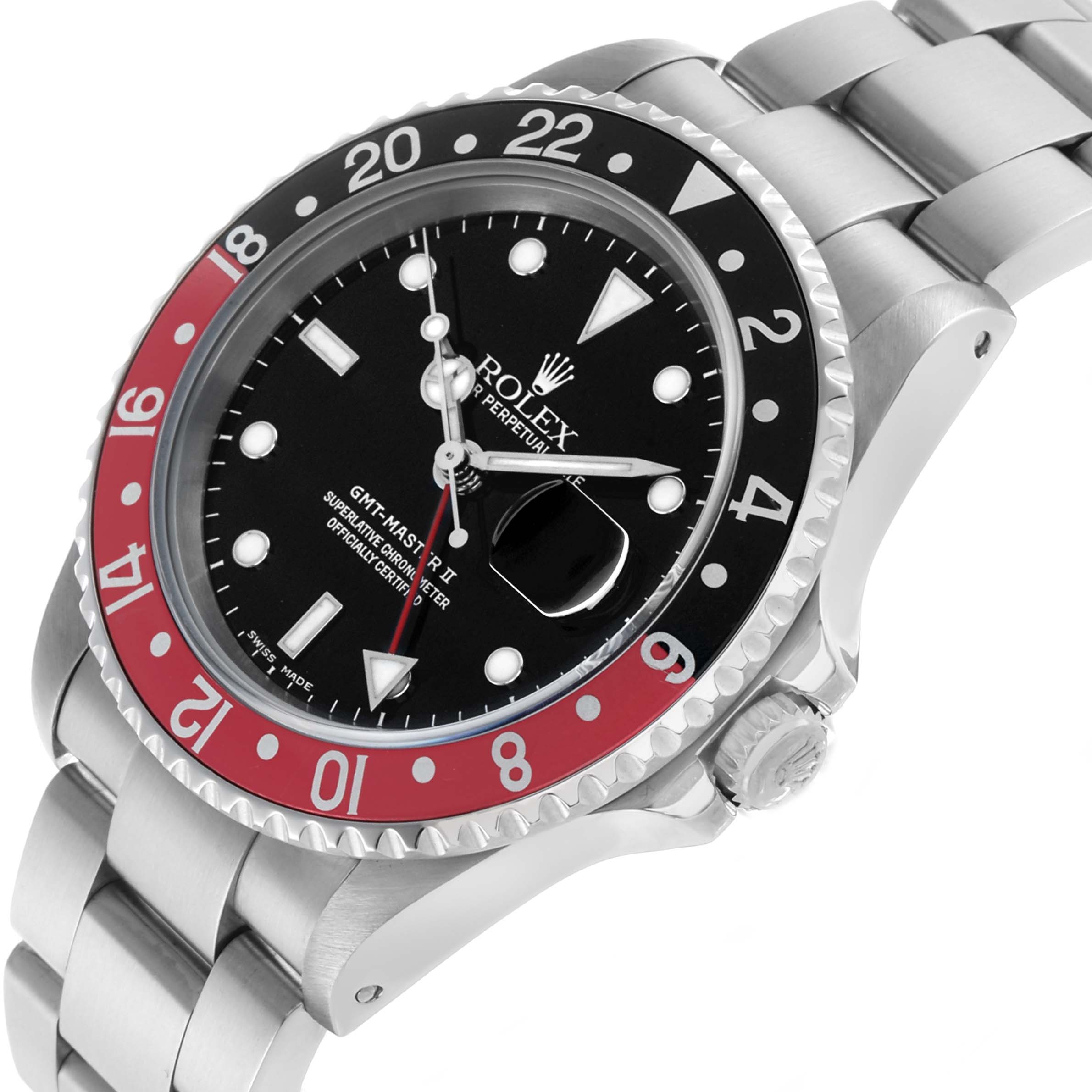 The Rolex GMT-Master 16710 Men's Stainless Steel Black Dial watch is shown at a tilted angle, highlighting the dial, bezel, crown, and part of the bracelet.