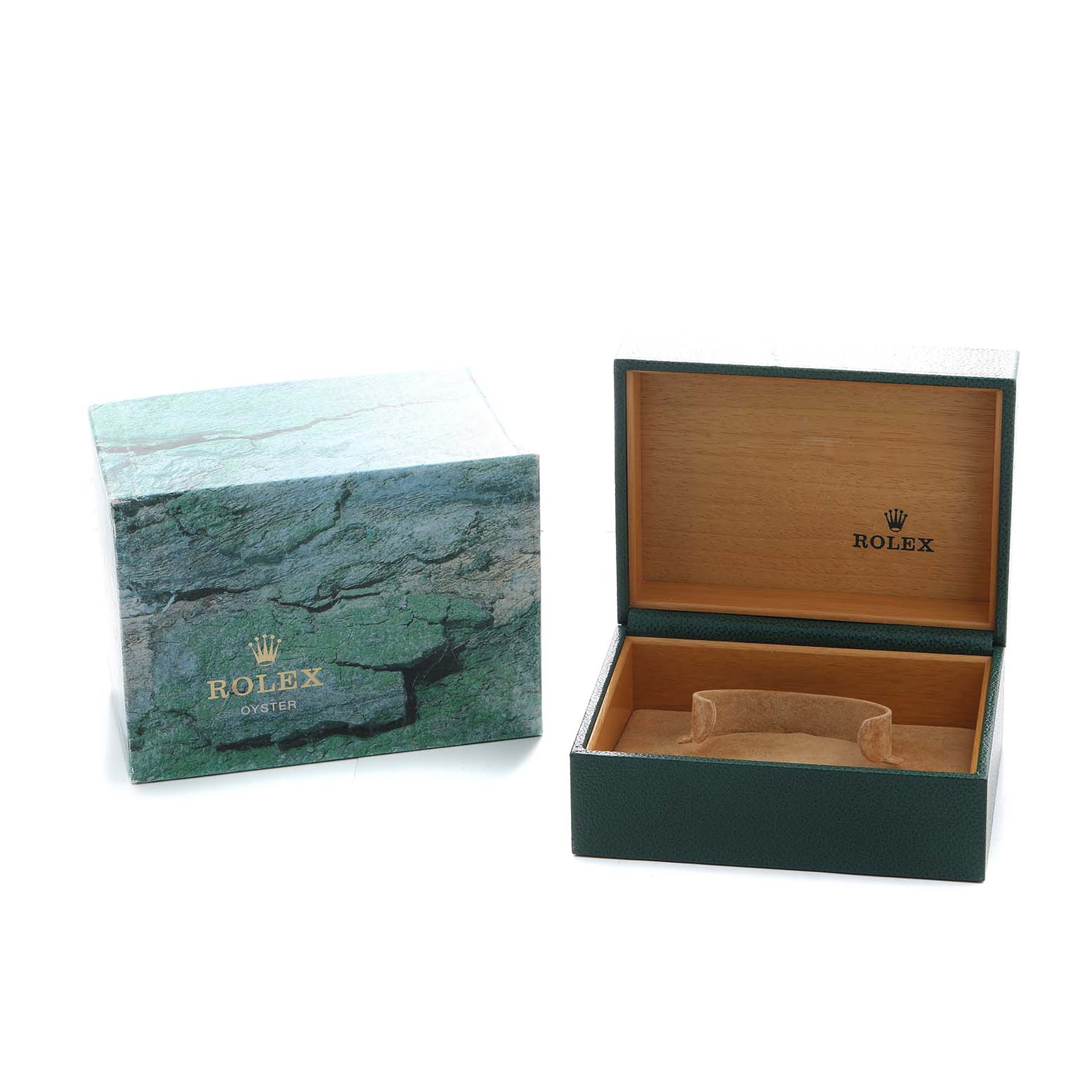 The image shows the opened box and outer packaging of a Rolex GMT-Master 16710 Men's Stainless Steel Black Dial watch.