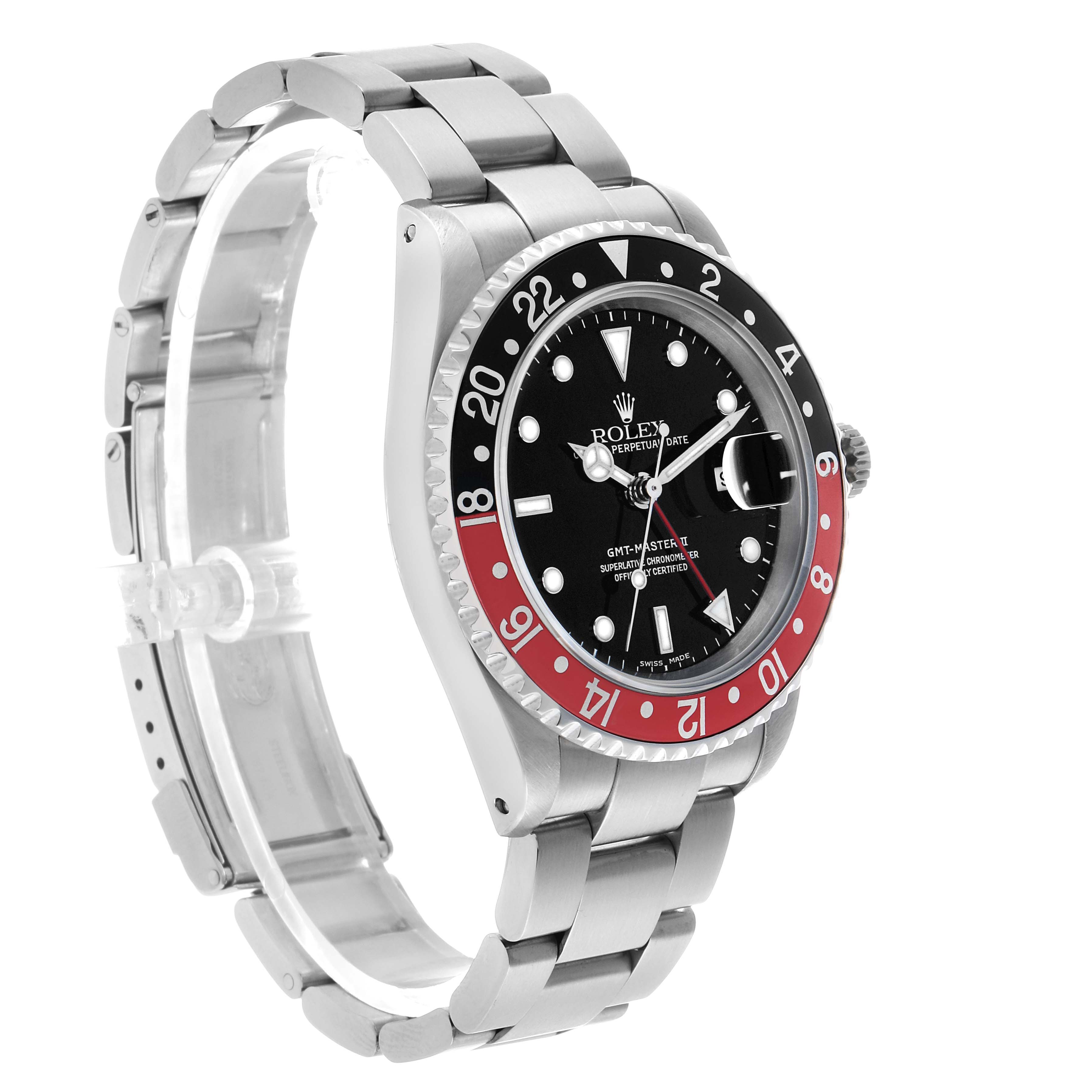 The Rolex GMT-Master 16710 Men's Stainless Steel Black Dial watch is shown from a three-quarter angle, displaying its bezel, dial, and bracelet.