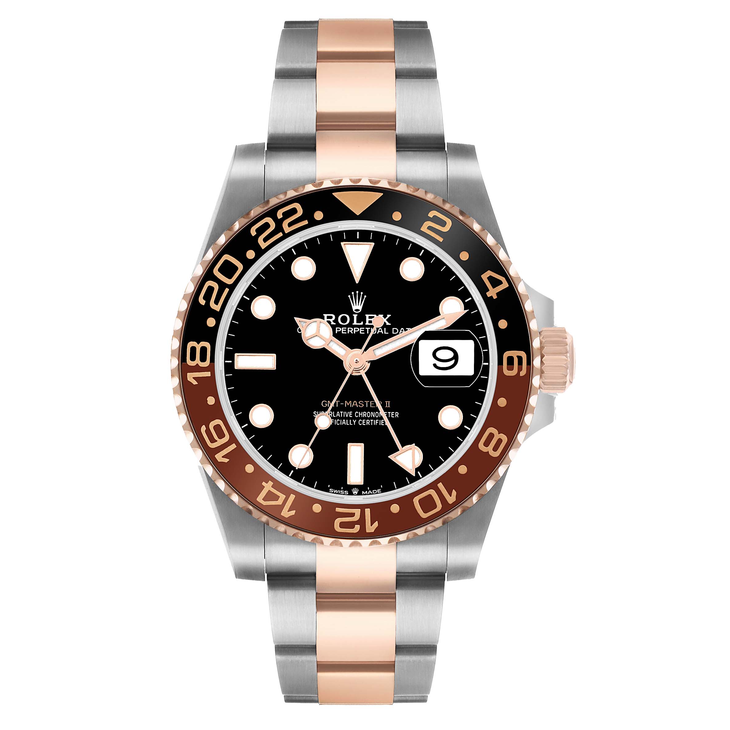 The Rolex GMT-Master 126711 Men's Steel and Gold (two tone) Black Dial watch is shown from the front, highlighting the dial, bezel, and part of the bracelet.
