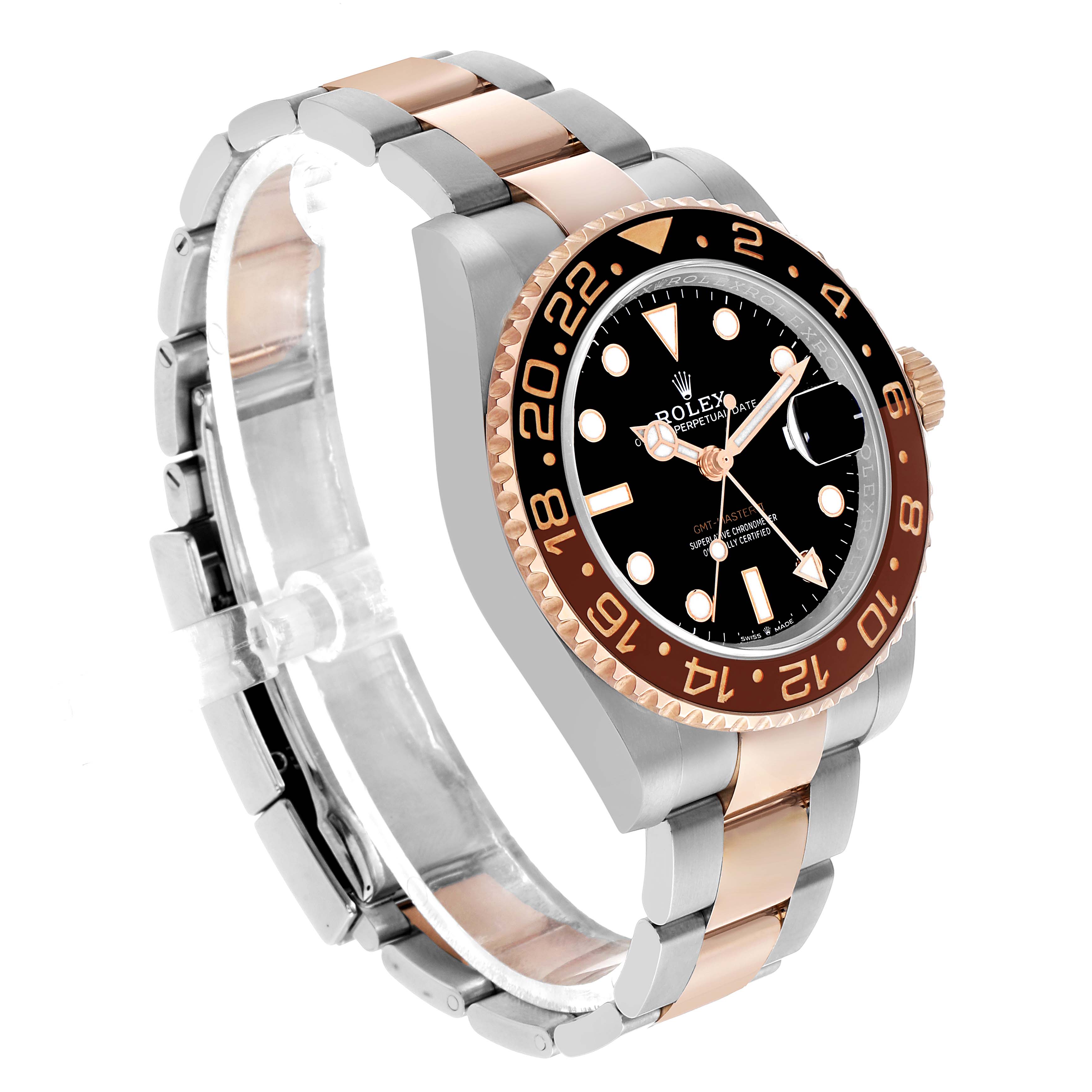 The Rolex GMT-Master 126711 Men's Steel and Gold (two tone) Black Dial watch is shown at a three-quarter angle, highlighting the face, bezel, crown, and bracelet.