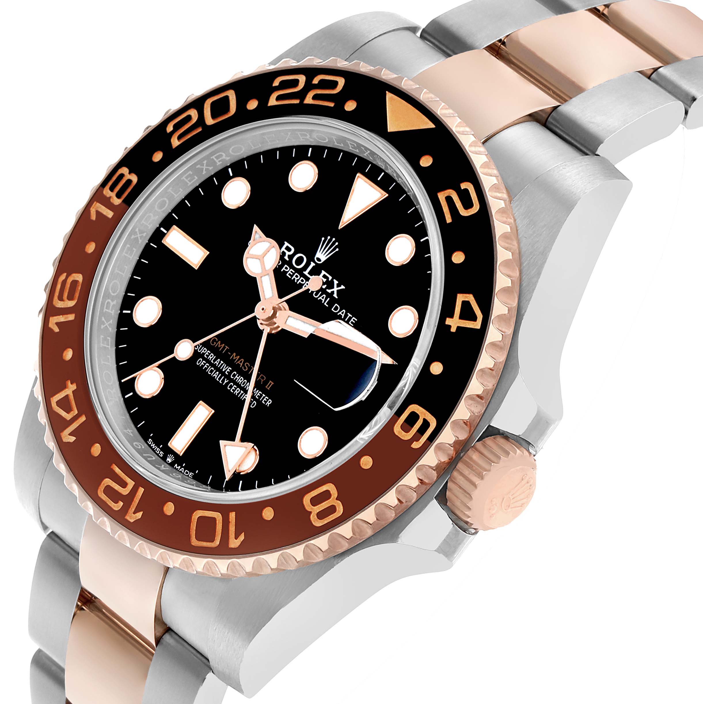 The Rolex GMT-Master 126711 Men's Steel and Gold (two tone) Black Dial watch is shown at a three-quarter angle, displaying its dial, bezel, crown, and bracelet.