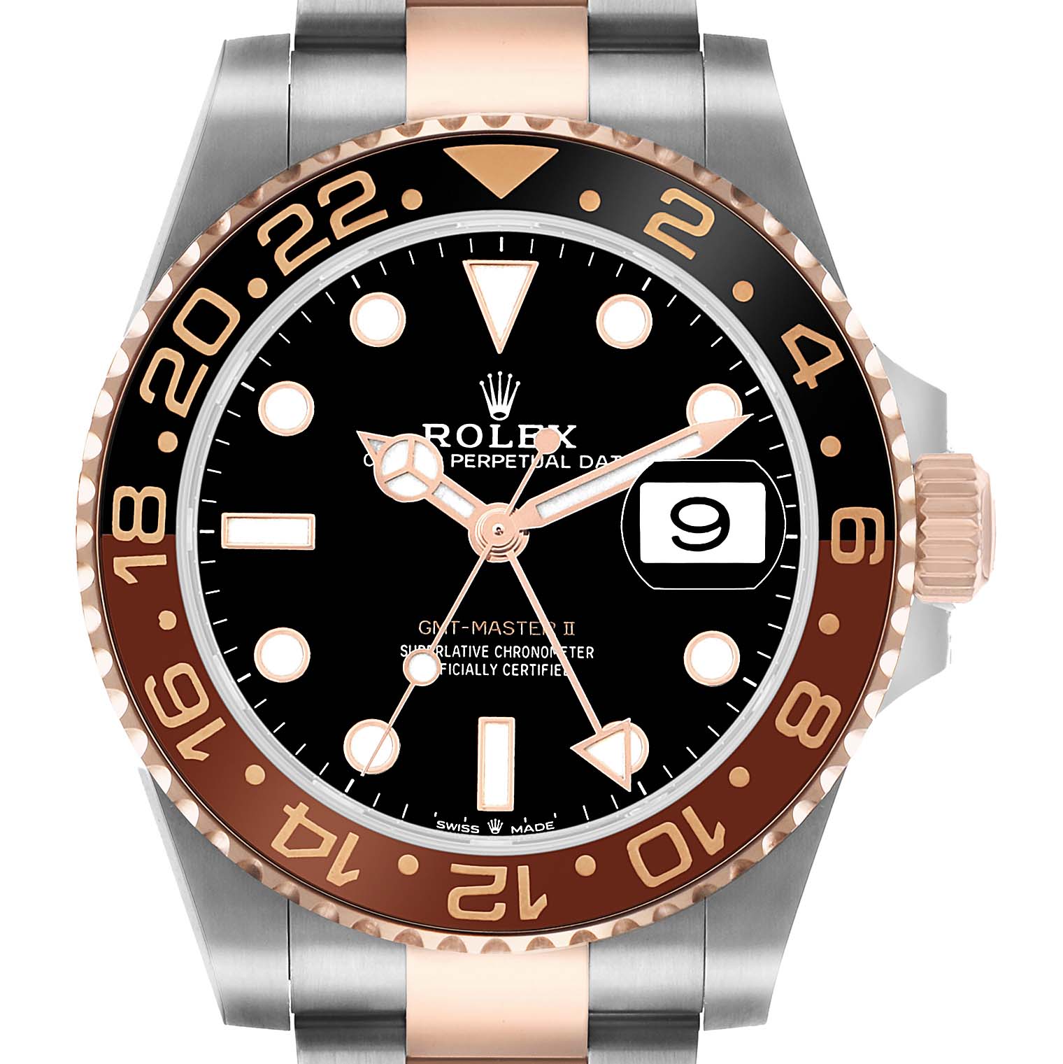 The image shows a front view of the Rolex GMT-Master 126711 Men's Steel and Gold (two tone) Black Dial II, highlighting the dial, bezel, and watch hands.