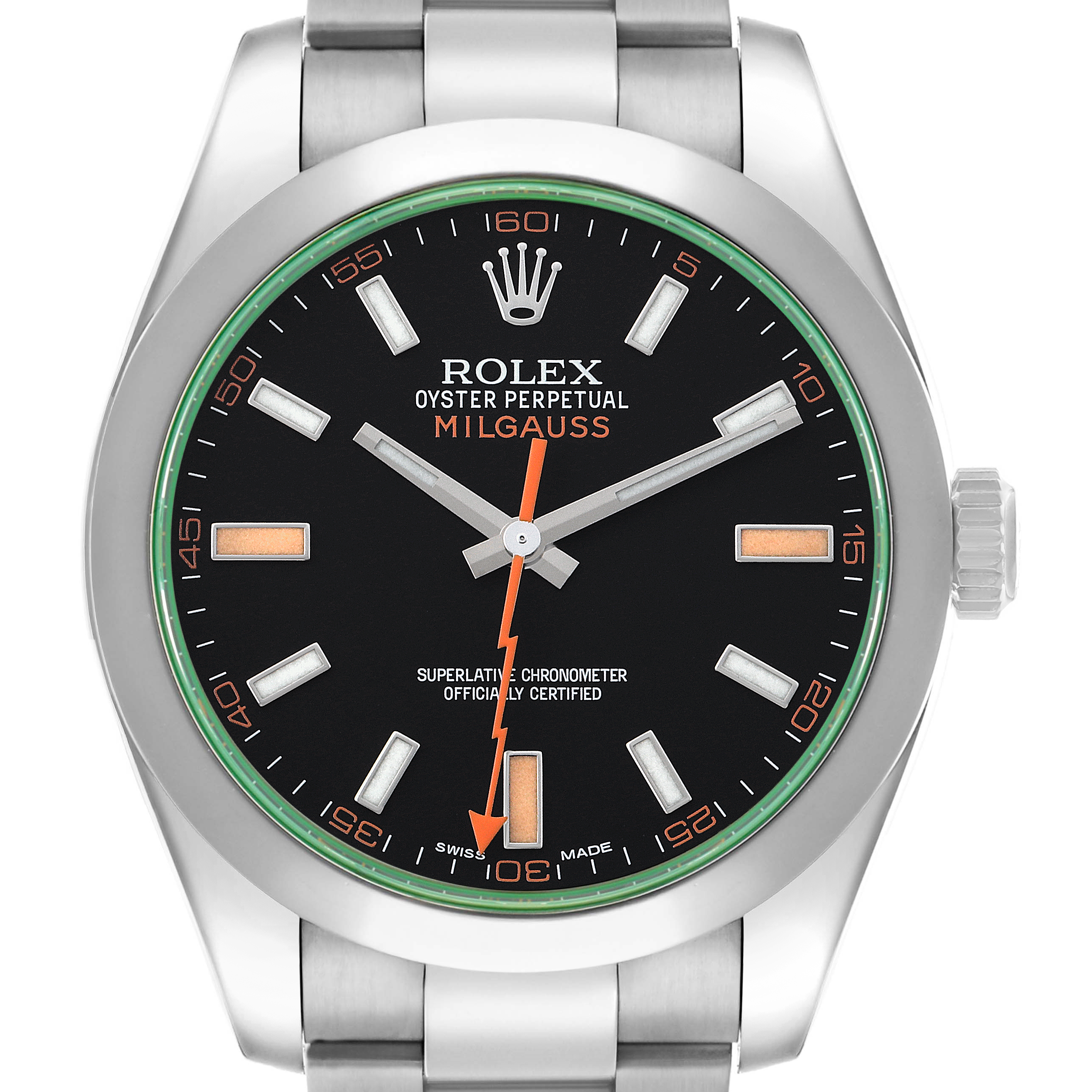 The image shows a front view of the Rolex Milgauss 116400GV Men's Stainless Steel Black Dial, highlighting the dial, hands, and crown.