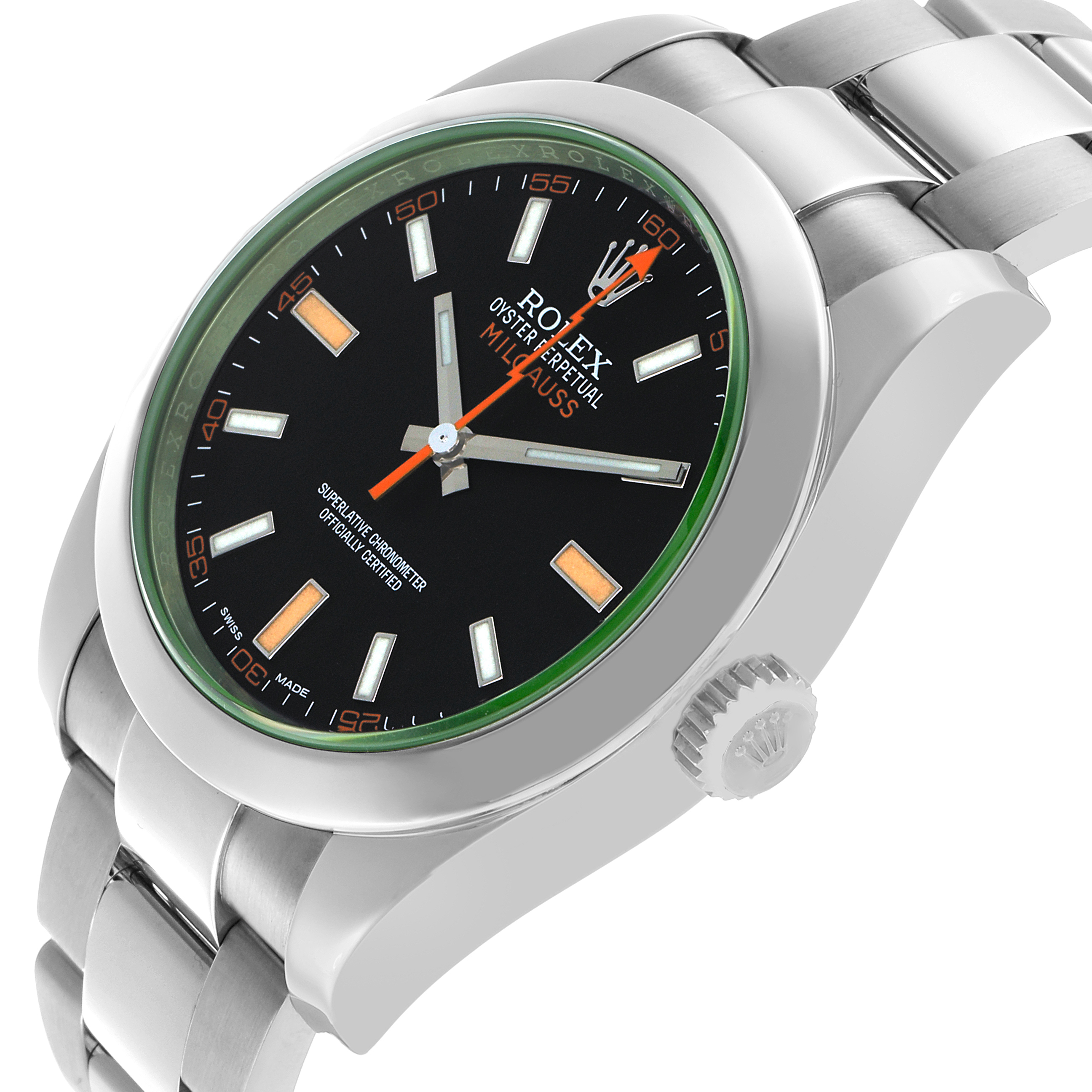 The Rolex Milgauss 116400GV Men's Stainless Steel Black Dial watch is shown from a front-side angle, displaying its dial, bezel, crown, and bracelet.