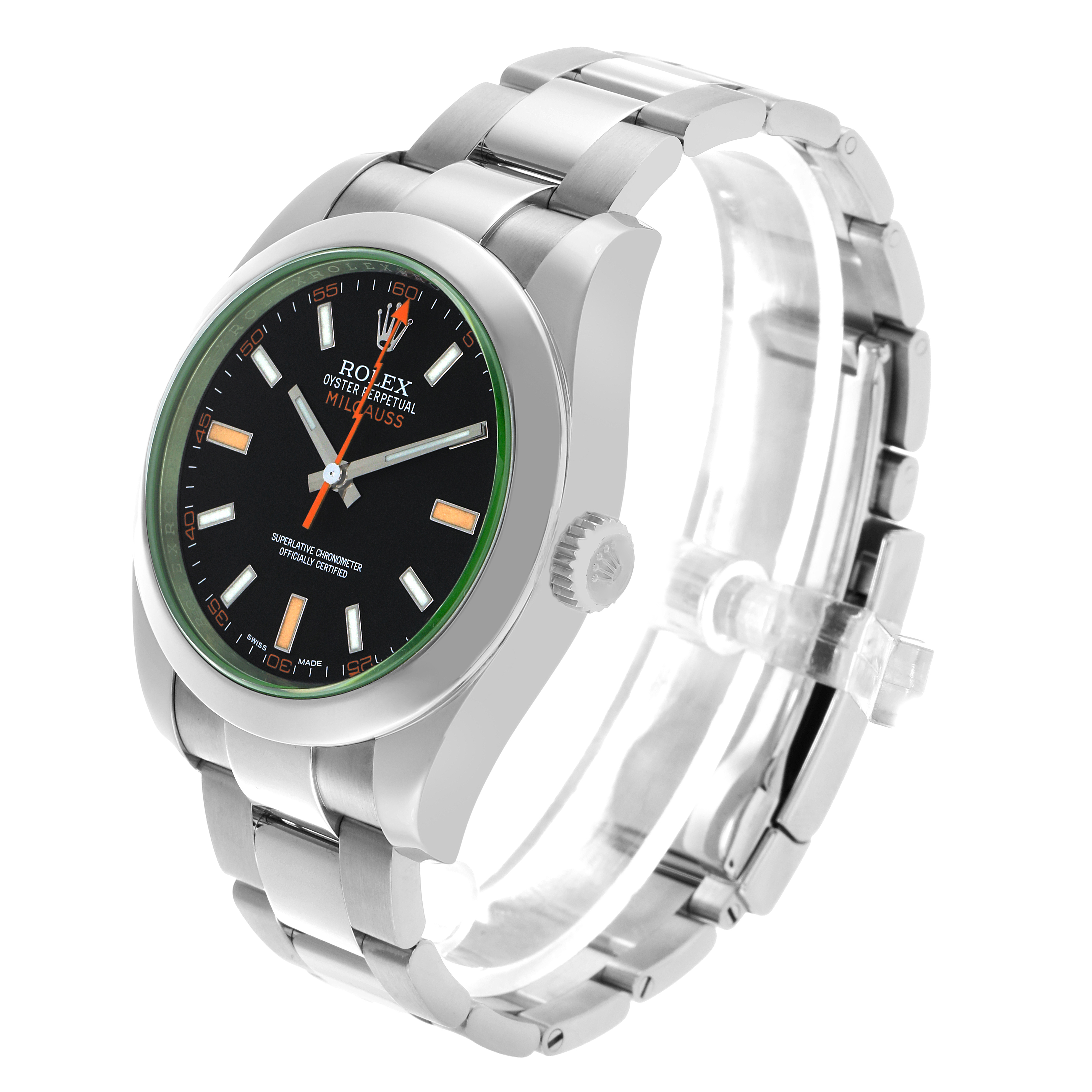 The Rolex Milgauss 116400GV Men's Stainless Steel Black Dial watch is shown at a three-quarter angle, highlighting the face, bezel, and stainless steel bracelet.