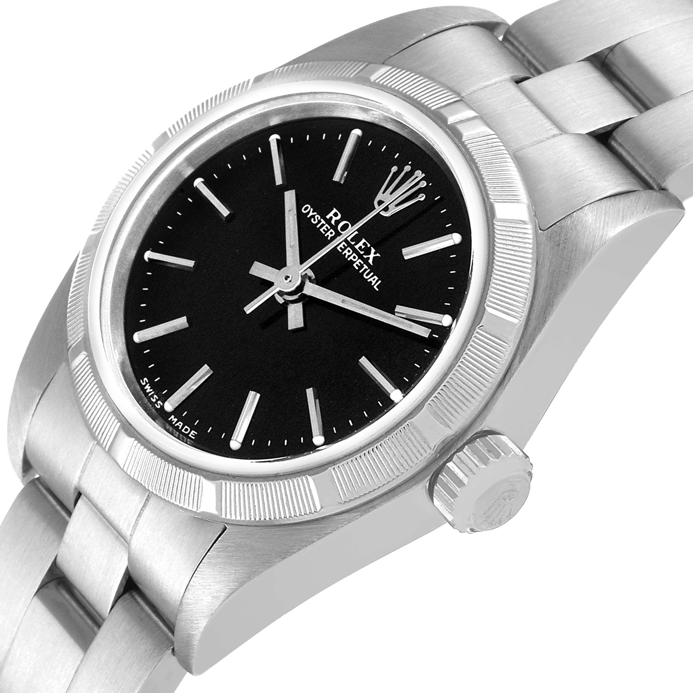 The image shows a close-up angled view of a Rolex Oyster Perpetual 76030 Women's Stainless Steel Black Dial 76030 Women's Stainless Steel Black Dial watch displaying its face, bezel, crown, and part of the bracelet.