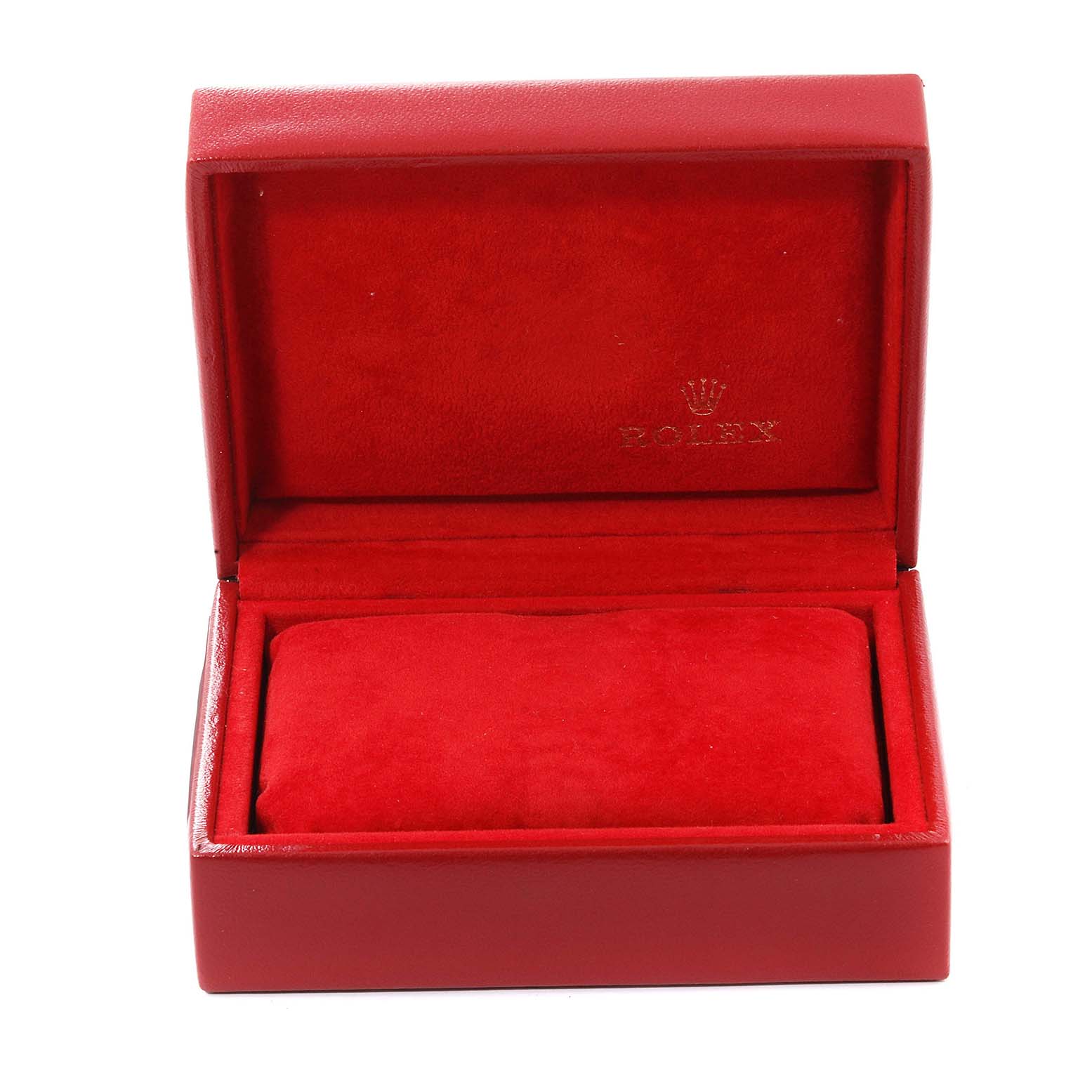 A red Rolex watch box, likely for an Oyster Perpetual model, is shown open from the front, without the watch inside.
