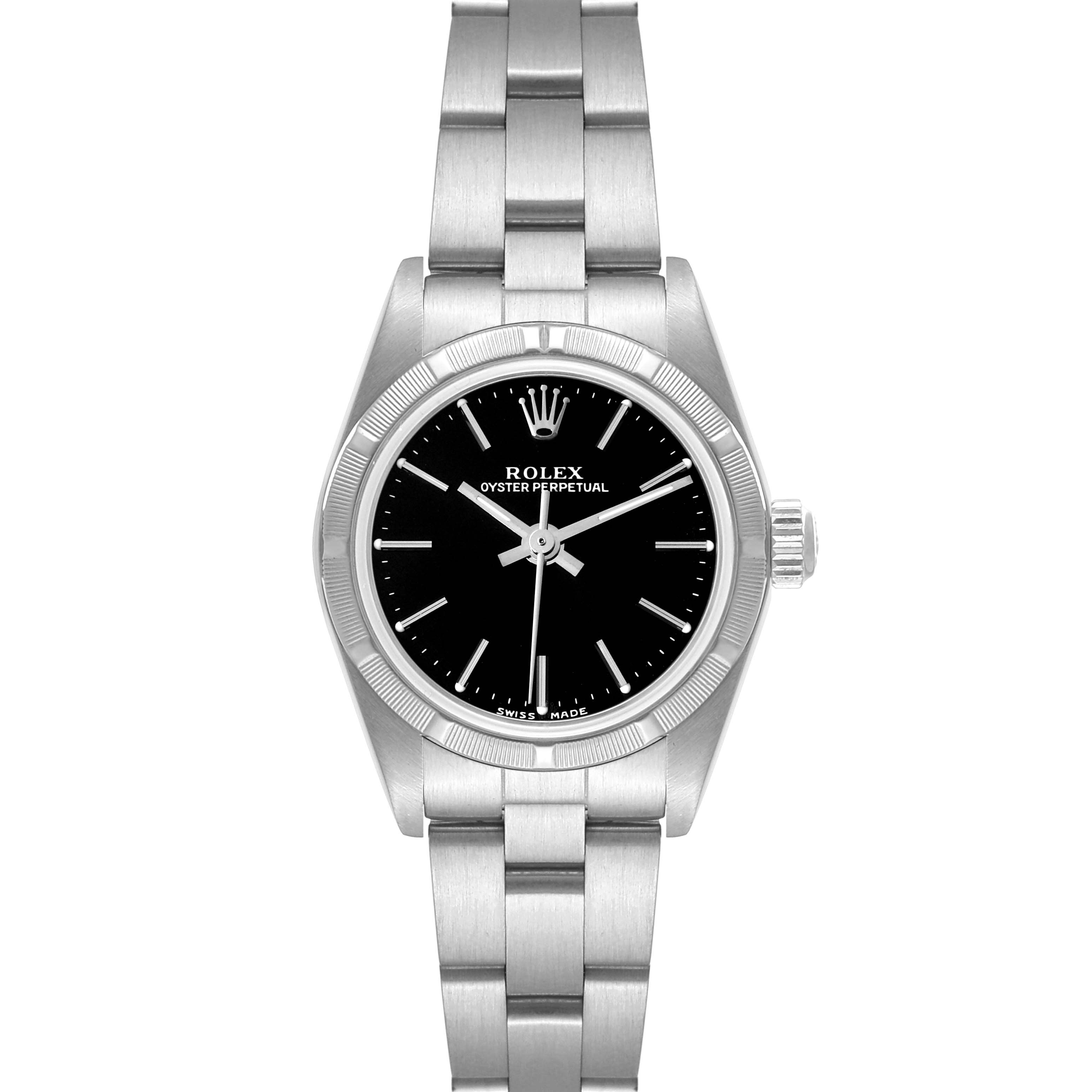 The image shows a Rolex Oyster Perpetual 76030 Women's Stainless Steel Black Dial 76030 Women's Stainless Steel Black Dial watch from a front angle, highlighting its black dial and stainless steel bracelet.