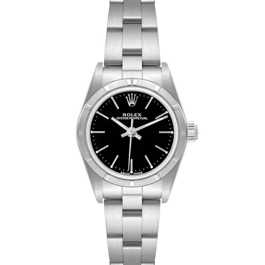 Rolex Oyster Perpetual 24mm Engine Turned Bezel Black Dial Ladies Watch 76030 SwissWatchExpo
