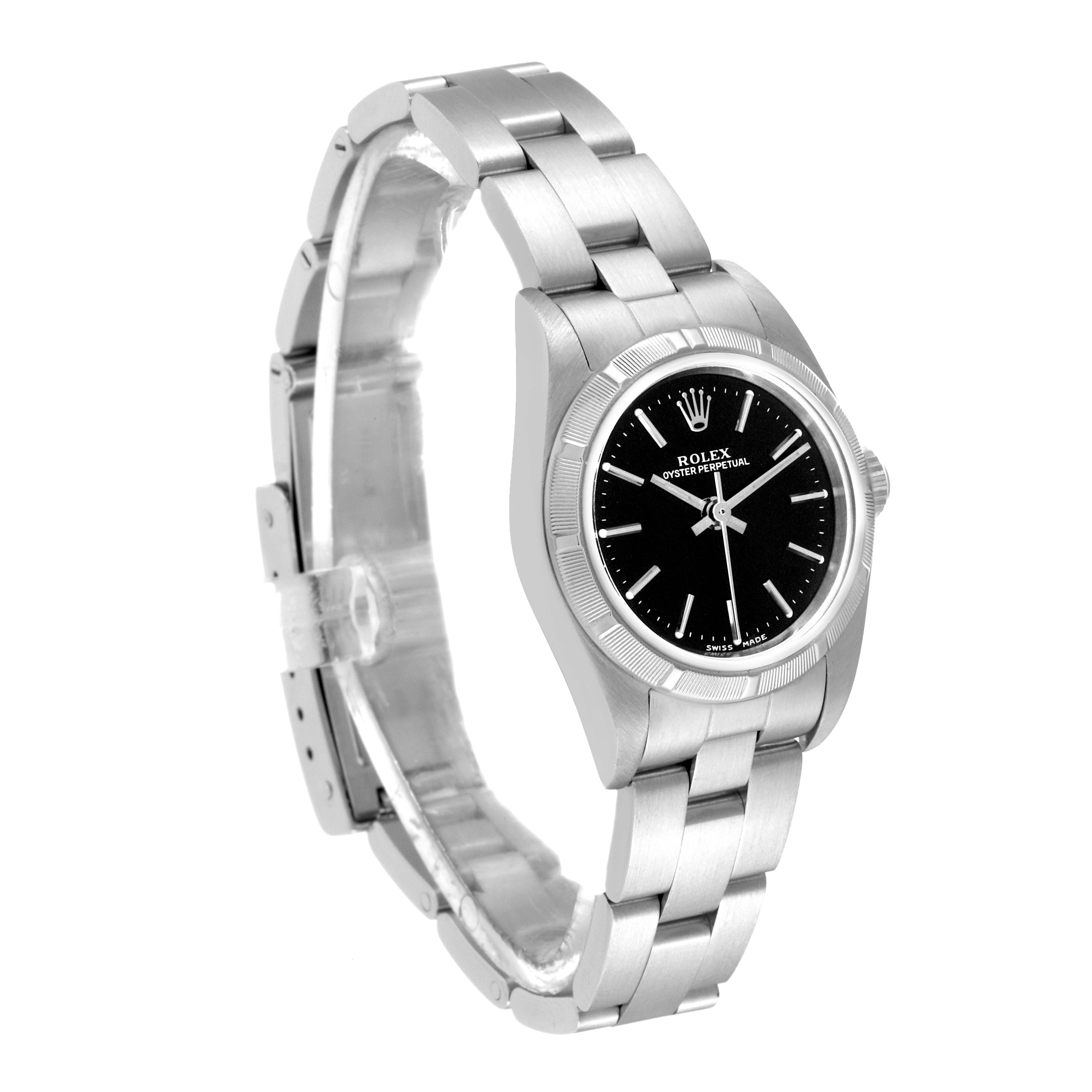 This image shows a Rolex Oyster Perpetual 76030 Women's Stainless Steel Black Dial 76030 Women's Stainless Steel Black Dial watch at an angled perspective, highlighting its stainless steel bracelet and black dial.