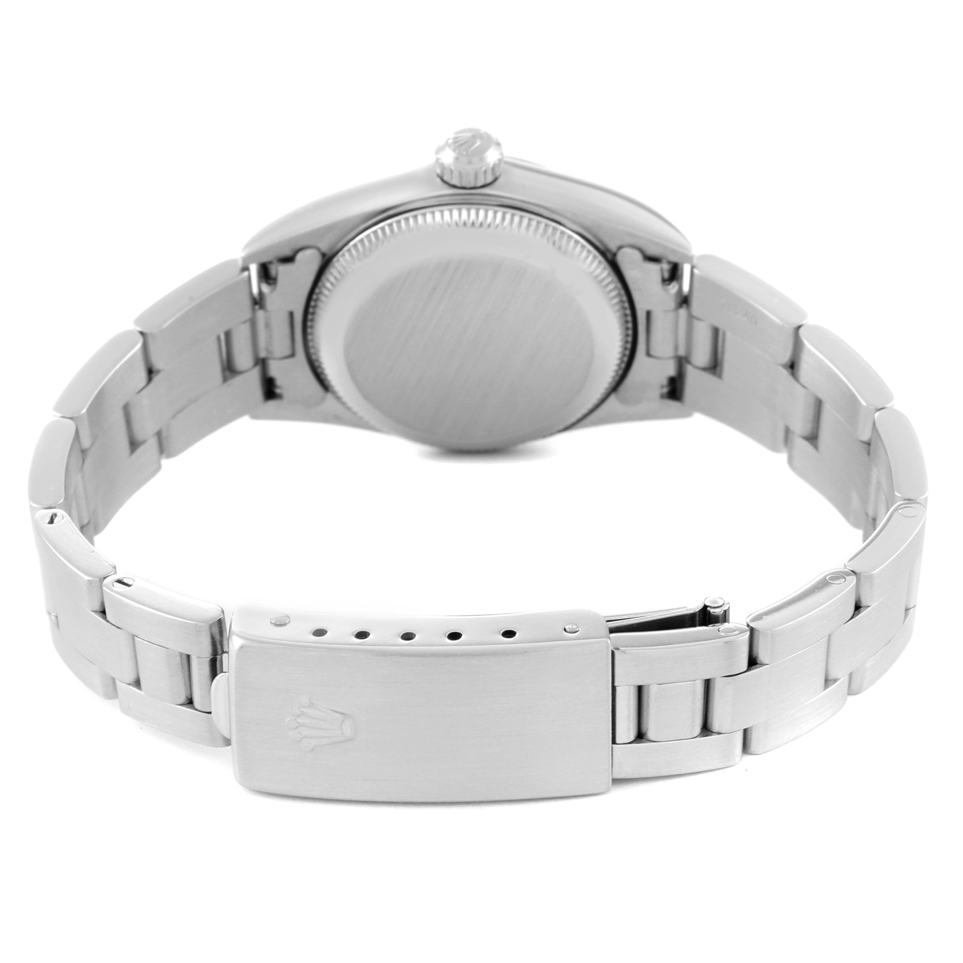 This image shows the back case and bracelet clasp of a Rolex Oyster Perpetual 76030 Women's Stainless Steel Black Dial 76030 Women's Stainless Steel Black Dial watch from a rear angle.