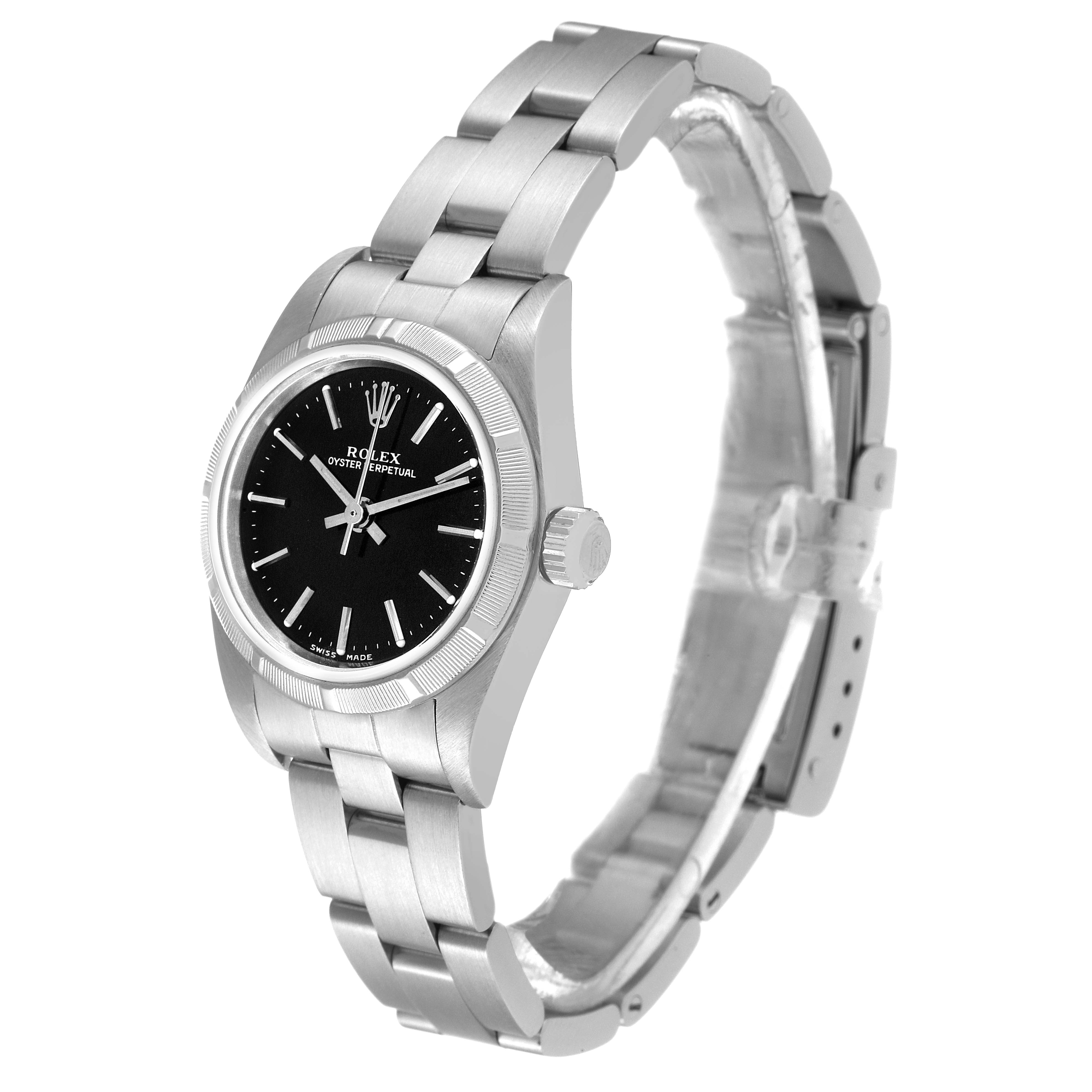 This image shows a side and slightly angled view of a Rolex Oyster Perpetual 76030 Women's Stainless Steel Black Dial 76030 Women's Stainless Steel Black Dial watch, highlighting its black dial and stainless steel bracelet.