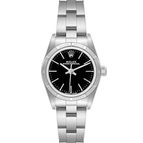 Photo of Rolex Oyster Perpetual 24mm Engine Turned Bezel Black Dial Ladies Watch 76030
