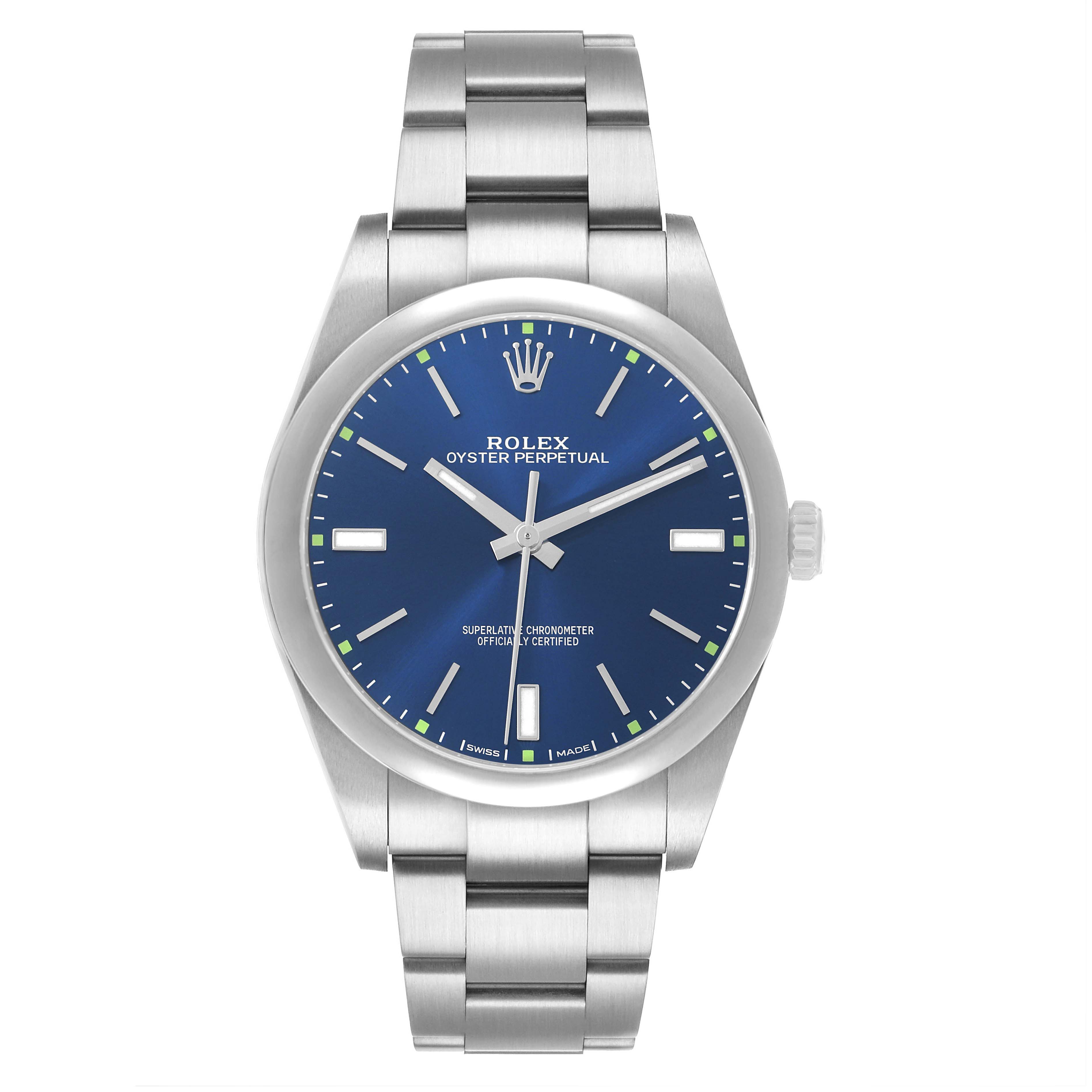 The Rolex Oyster Perpetual 114300 Men's Stainless Steel Blue Dial watch is shown from the front, displaying its blue dial, hour markers, and stainless steel bracelet.