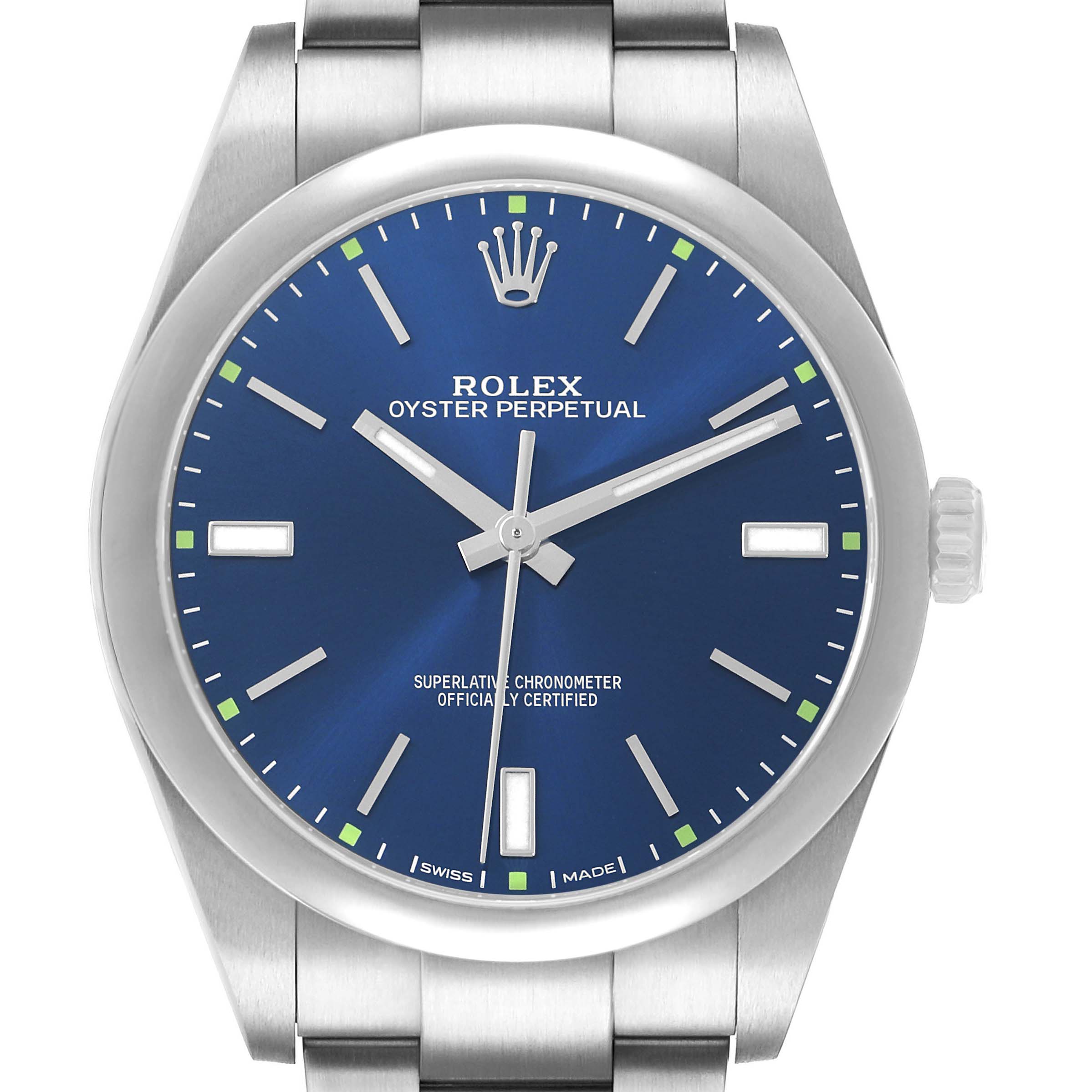 The Rolex Oyster Perpetual 114300 Men's Stainless Steel Blue Dial watch is shown from a front angle, highlighting its blue dial, hands, markers, crown, and part of the bracelet.