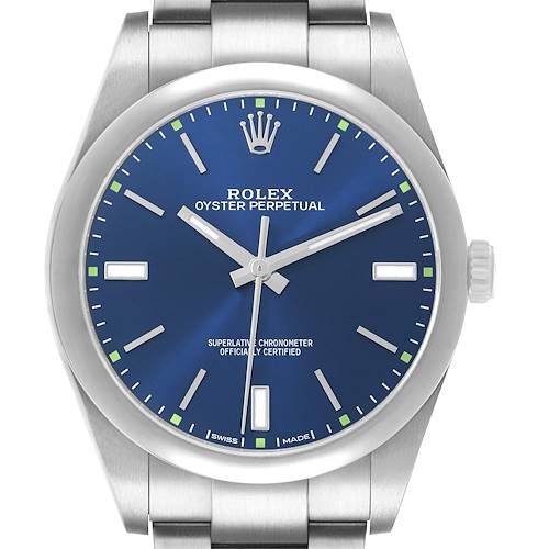 The image shows a frontal view of the Rolex Oyster Perpetual 114300 Men's Stainless Steel Blue Dial watch, highlighting its blue dial, indices, and bracelet.