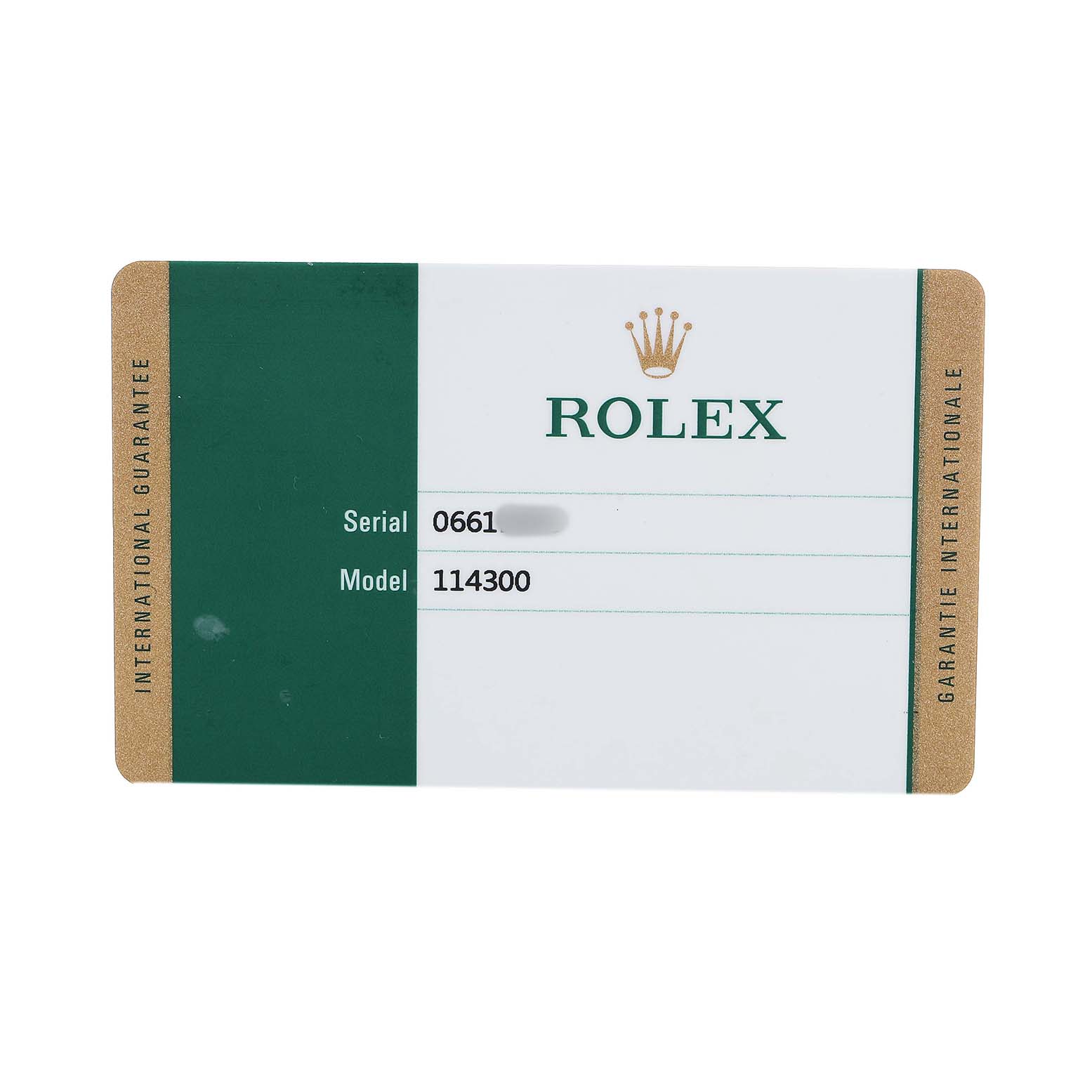 The image shows a warranty card for a Rolex Oyster Perpetual 114300 Men's Stainless Steel Blue Dial model, displaying serial and model numbers.