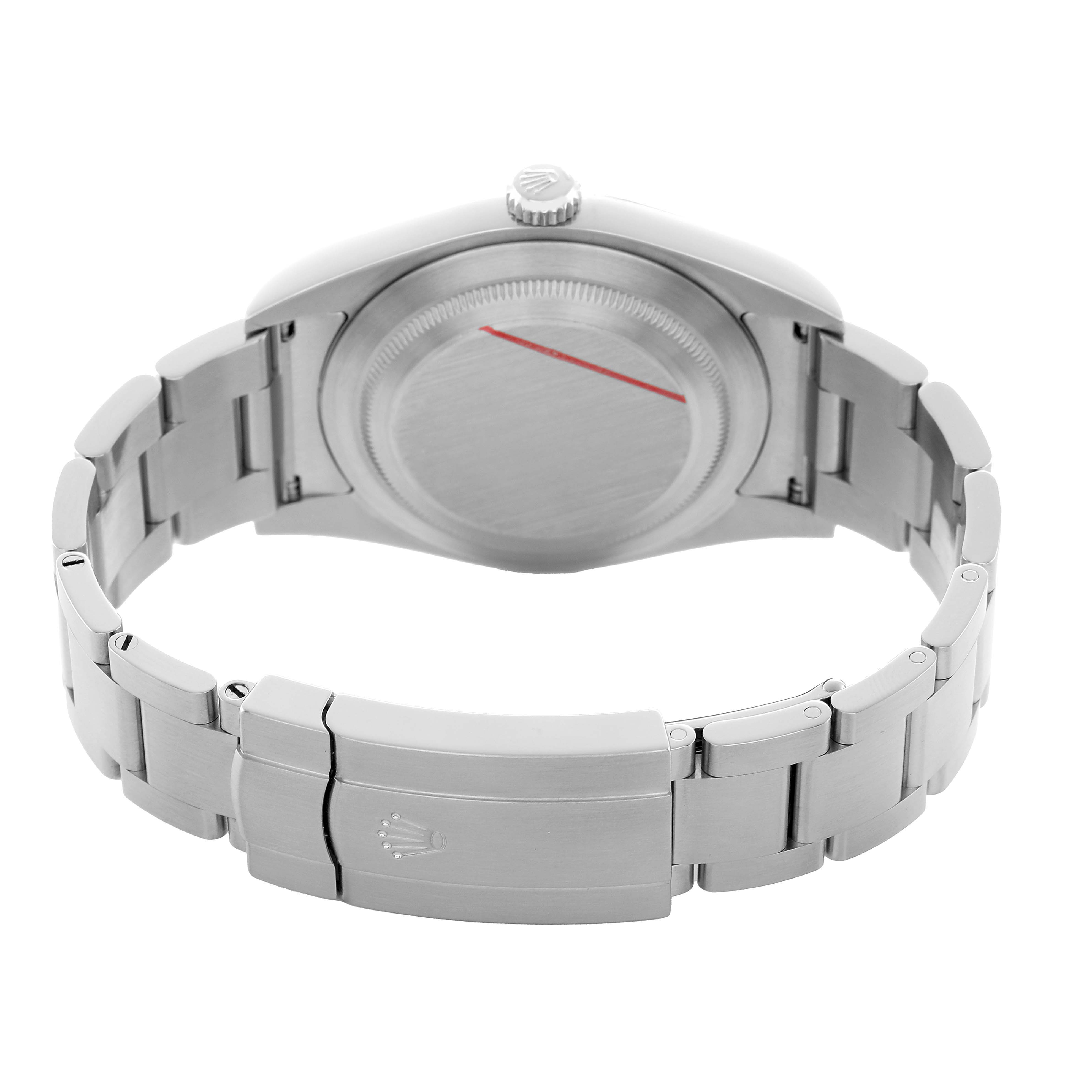 The image shows the back and bracelet of the Rolex Oyster Perpetual 114300 Men's Stainless Steel Blue Dial watch at an angled rear view.