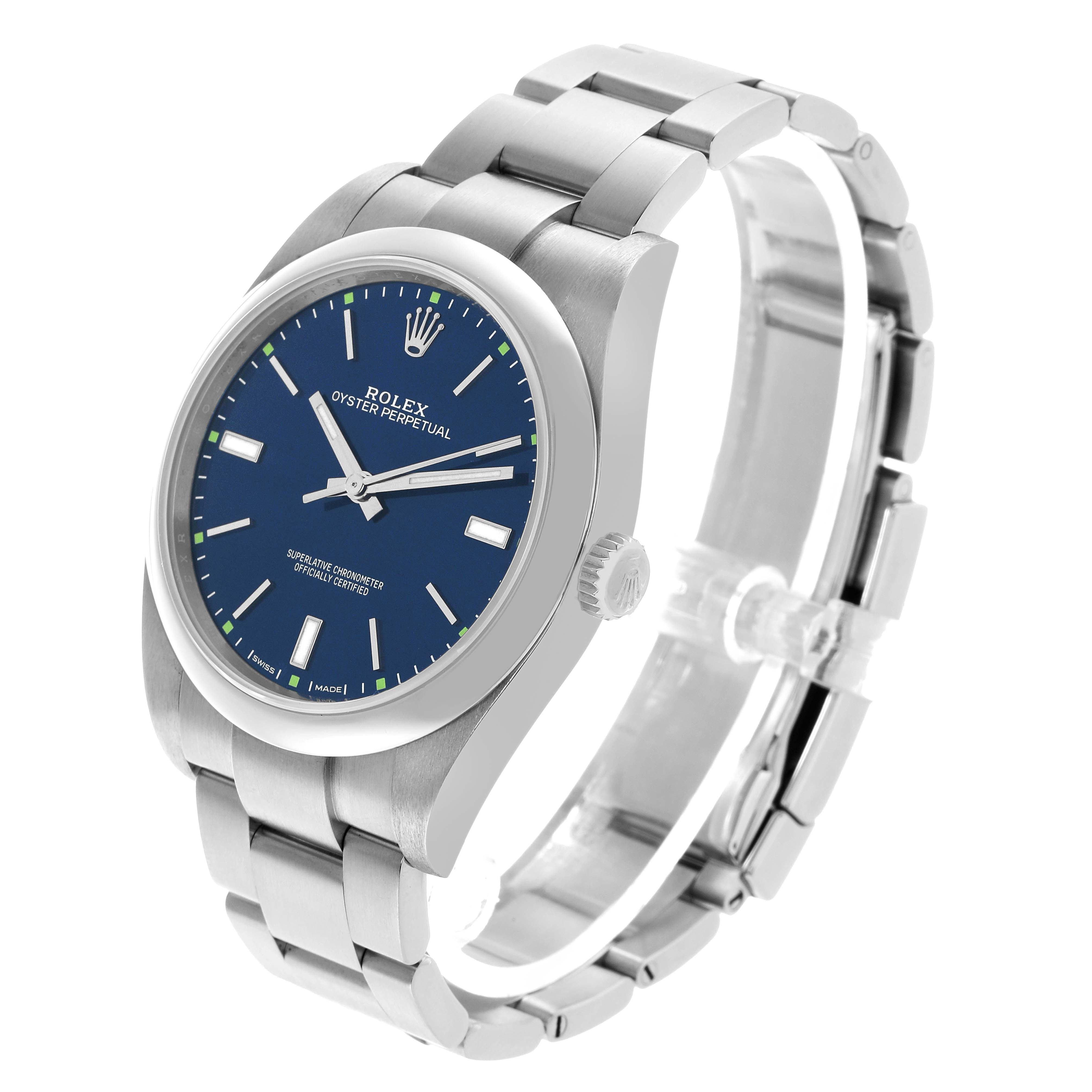 The Rolex Oyster Perpetual 114300 Men's Stainless Steel Blue Dial watch is shown at a three-quarter angle, displaying its blue dial, bezel, crown, and bracelet.