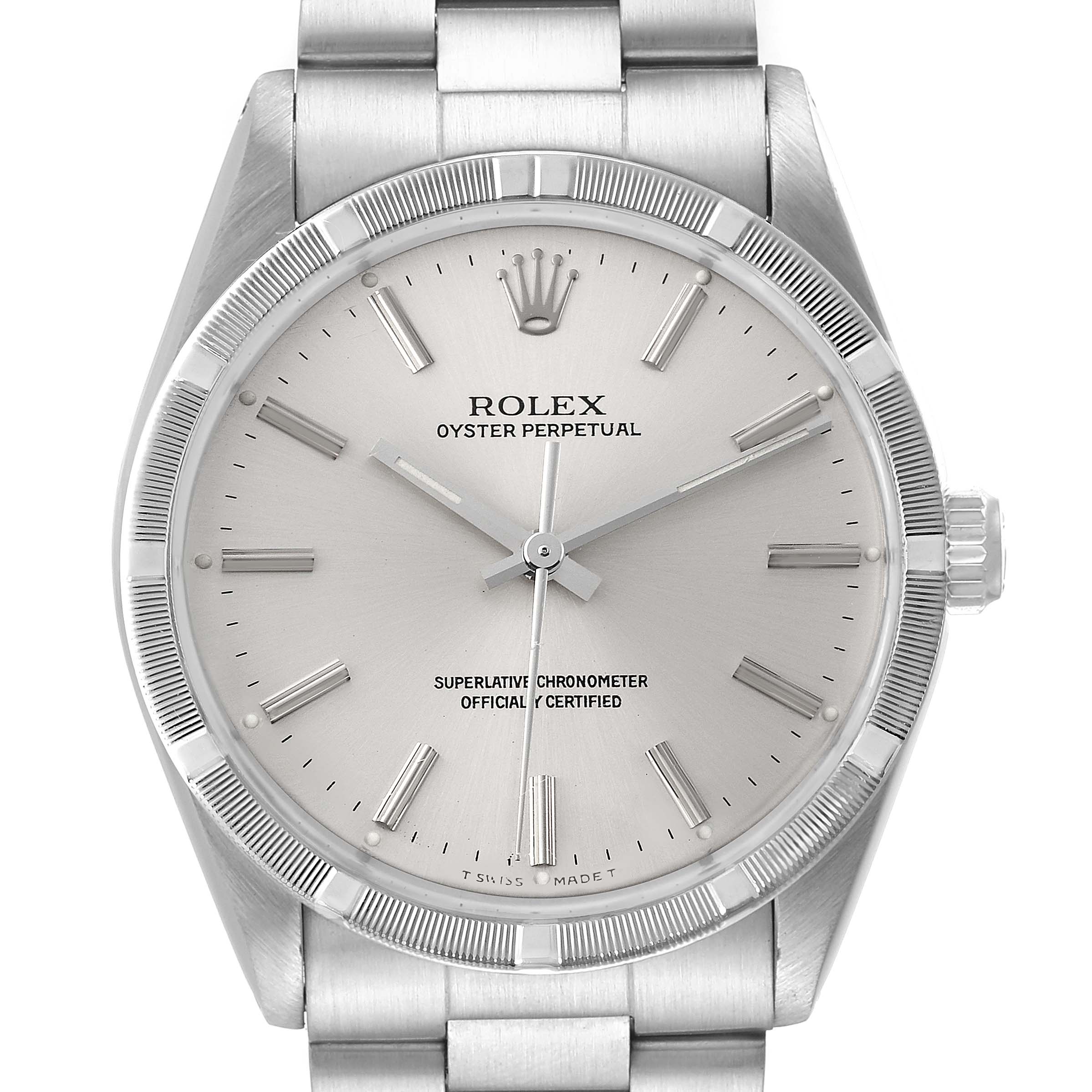 The image shows a front view of the Rolex Oyster Perpetual Vintage Collection watch, highlighting its dial, hands, and bracelet.